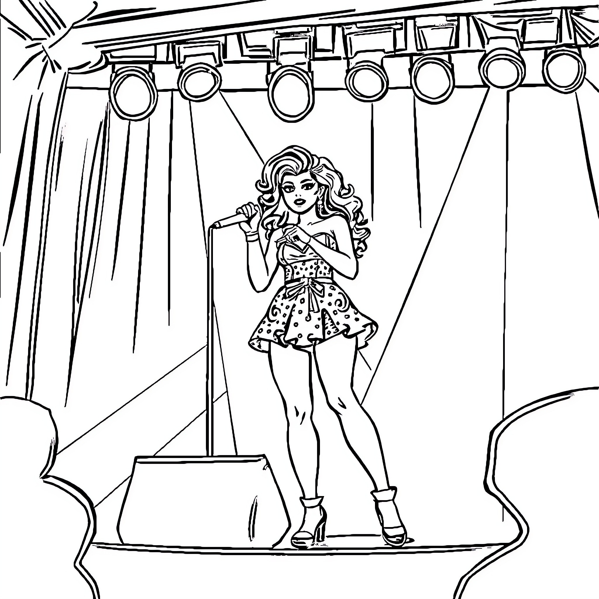 Zoey Performing on Stage with Microphone Coloring Page (free black-and-white line drawing printable PDF for all, from beginners to advanced learners, including children, teens, adults, and seniors)