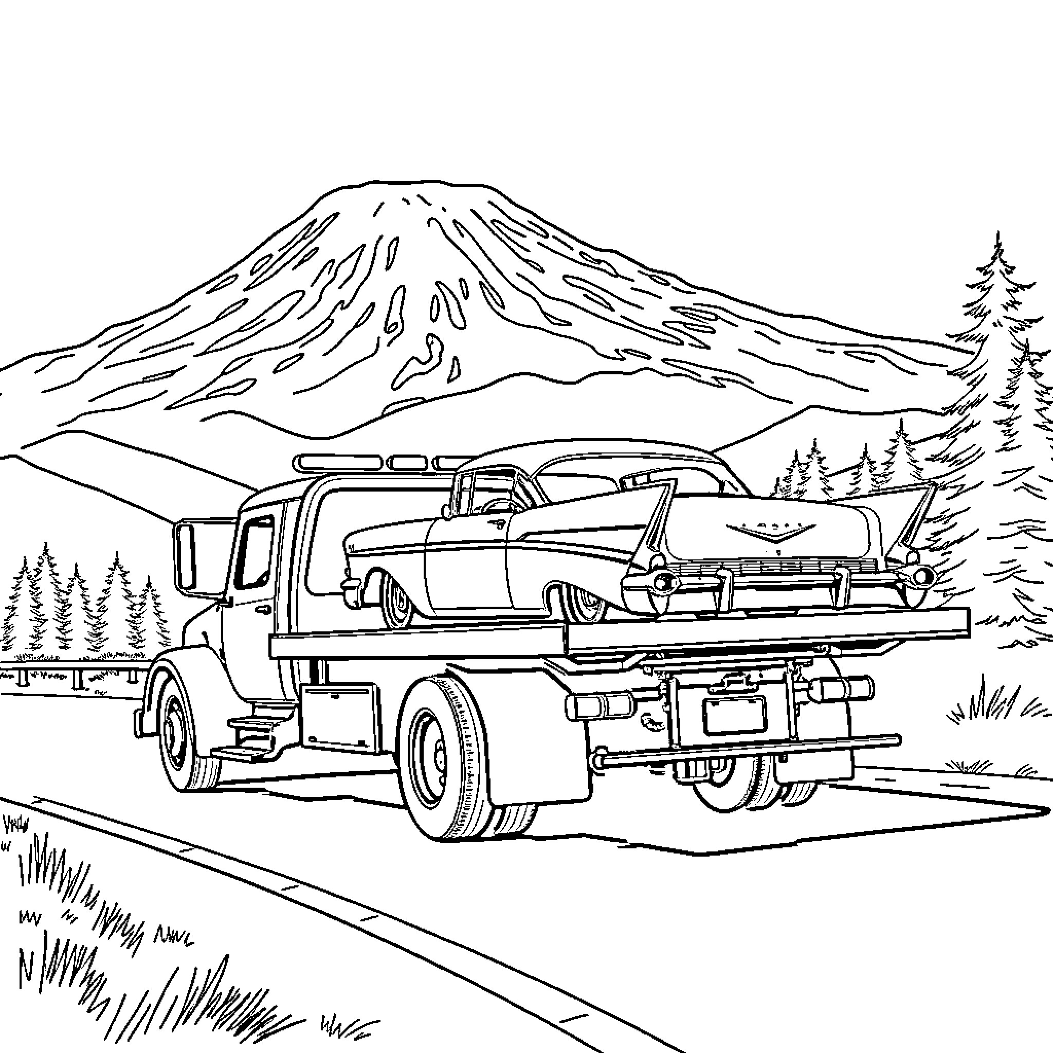 Tow Truck Transporting Classic Car in Mountainous Landscape Coloring Page (free black-and-white line drawing printable PDF for all, from beginners to advanced learners, including children, teens, adults, and seniors)