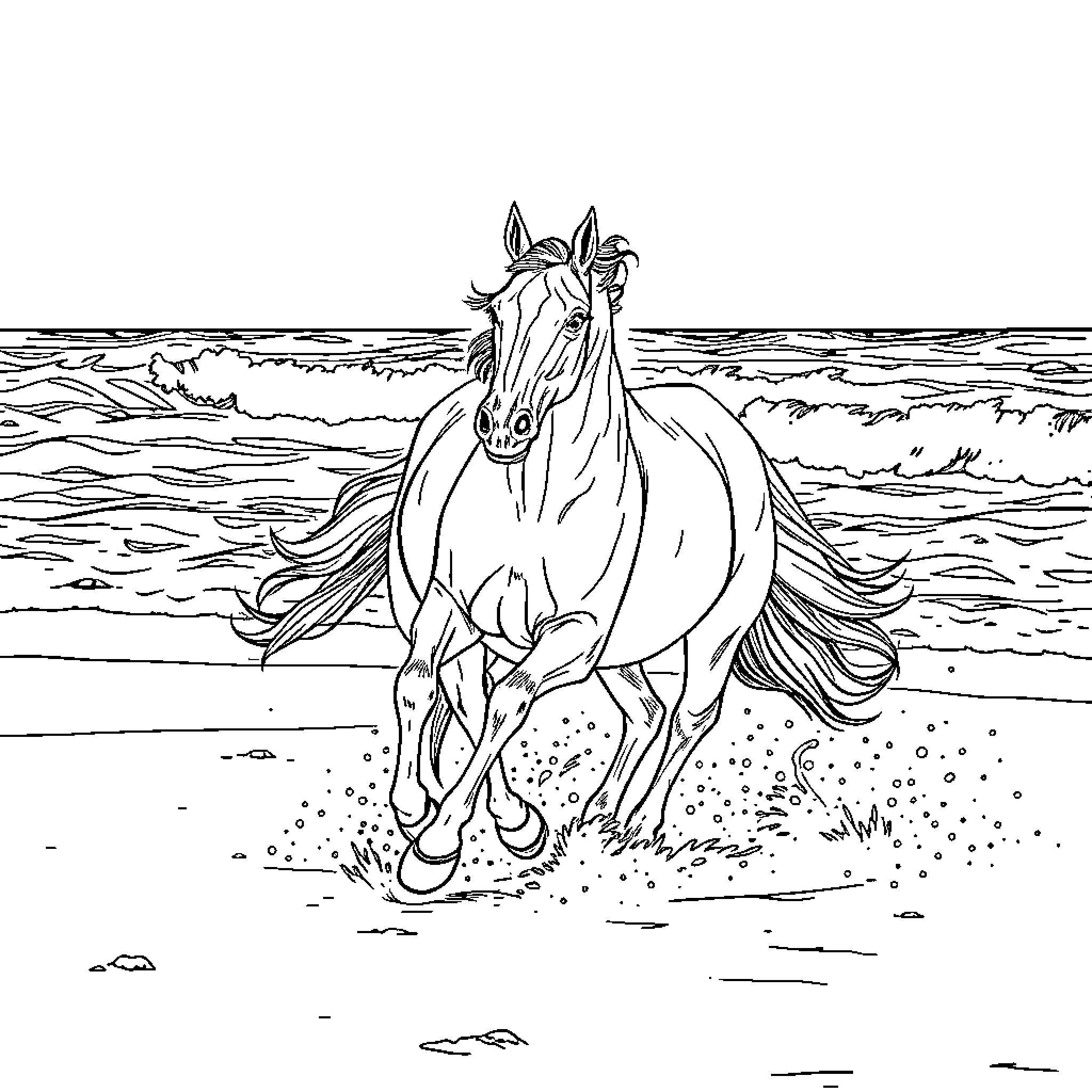 Horse galloping through the waves on the beach Coloring Page (free black-and-white line drawing printable PDF for all, from beginners to advanced learners, including children, teens, adults, and seniors)