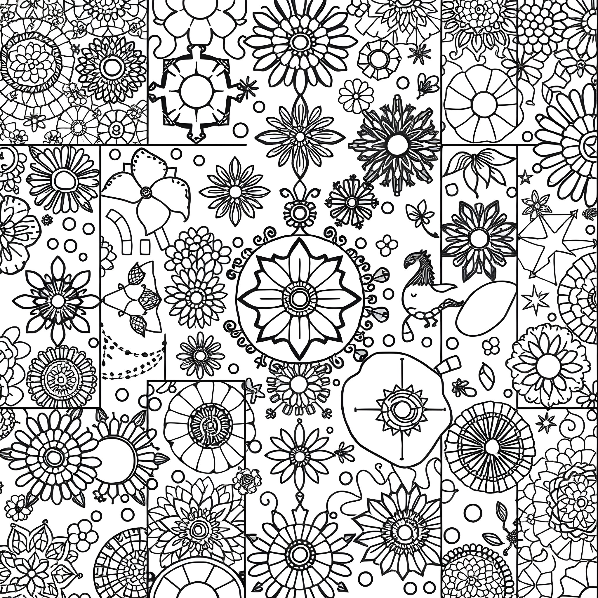 Patchwork of Decorative Flower Designs Coloring Page (free black-and-white line drawing printable PDF for all, from beginners to advanced learners, including children, teens, adults, and seniors)