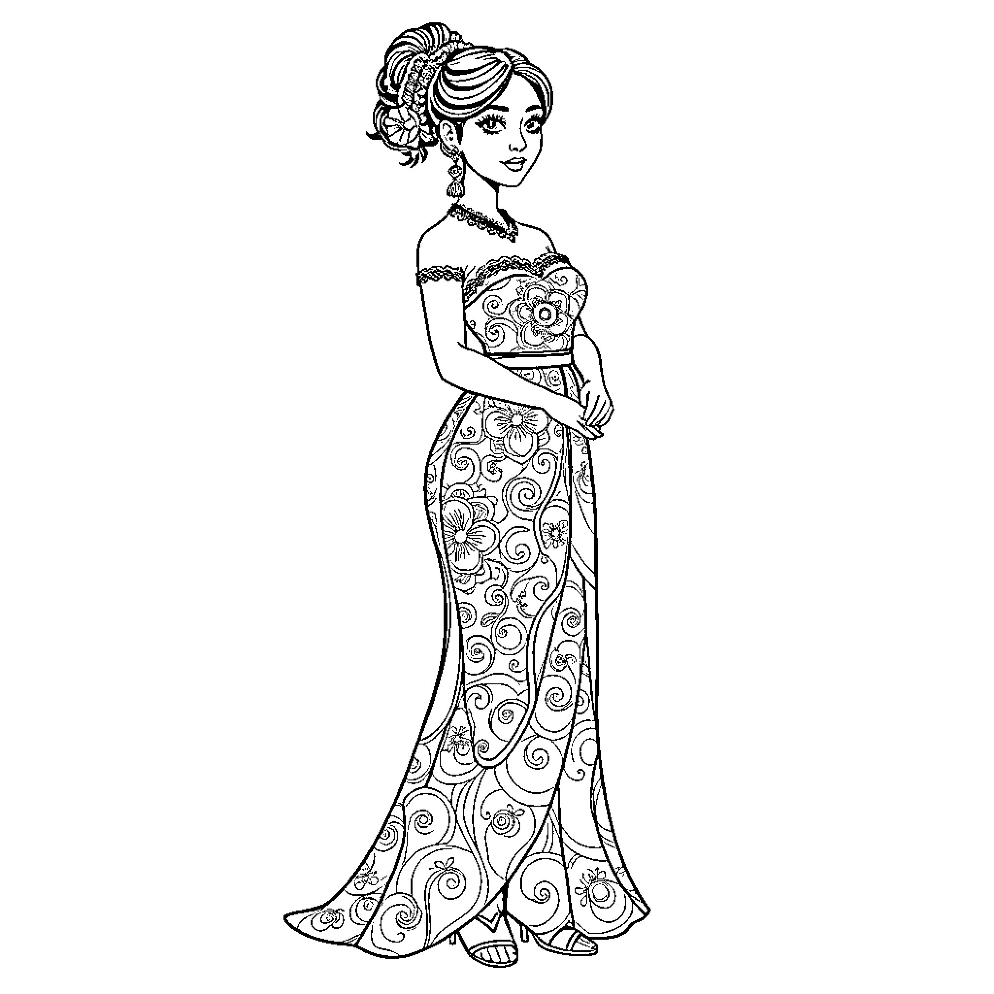 Sua Woman in Elegant Floral Gown Coloring Page (free black-and-white line drawing printable PDF for all, from beginners to advanced learners, including children, teens, adults, and seniors)