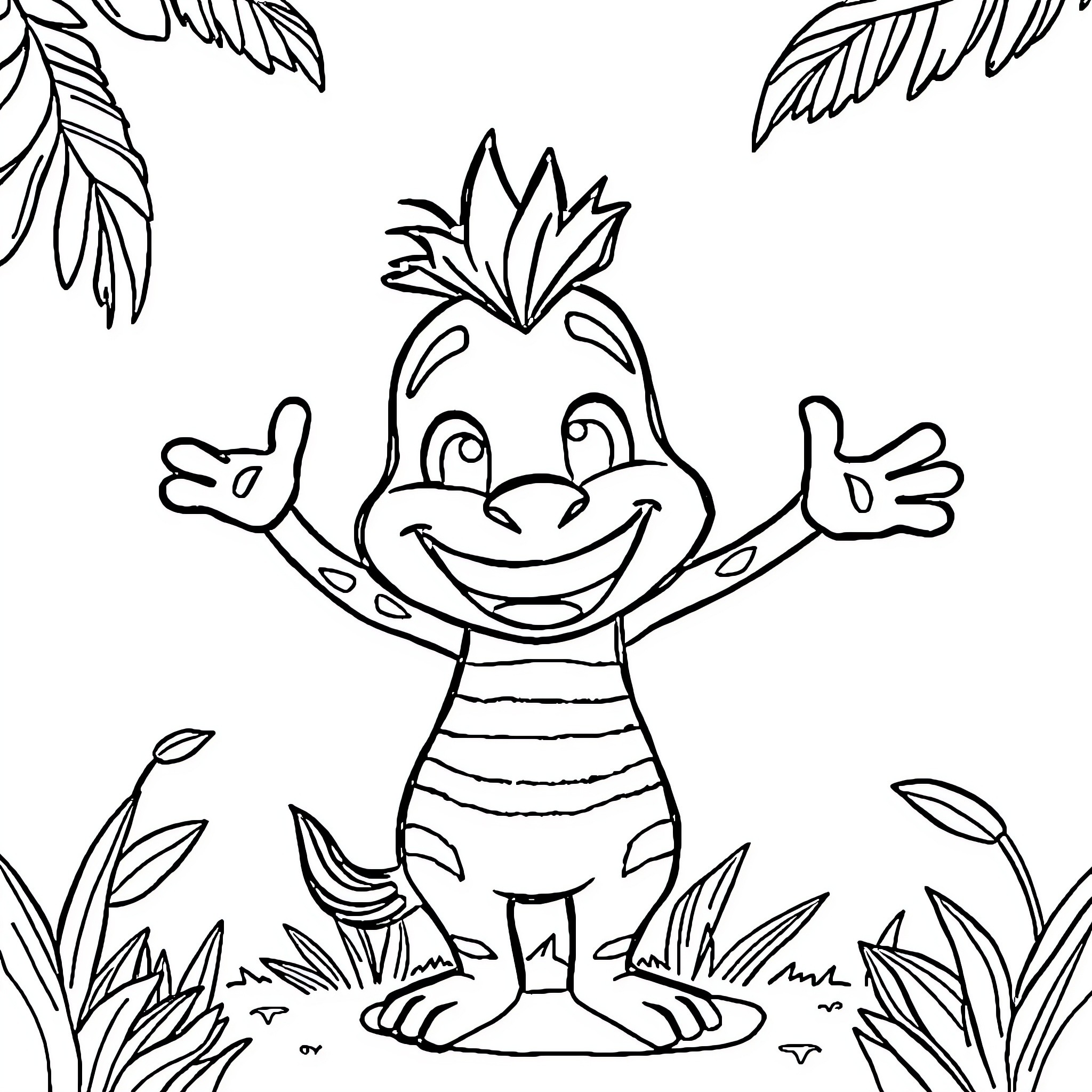 Jumbito's Joyful Jungle Antics Coloring Page (free black-and-white line drawing printable PDF for all, from beginners to advanced learners, including children, teens, adults, and seniors)