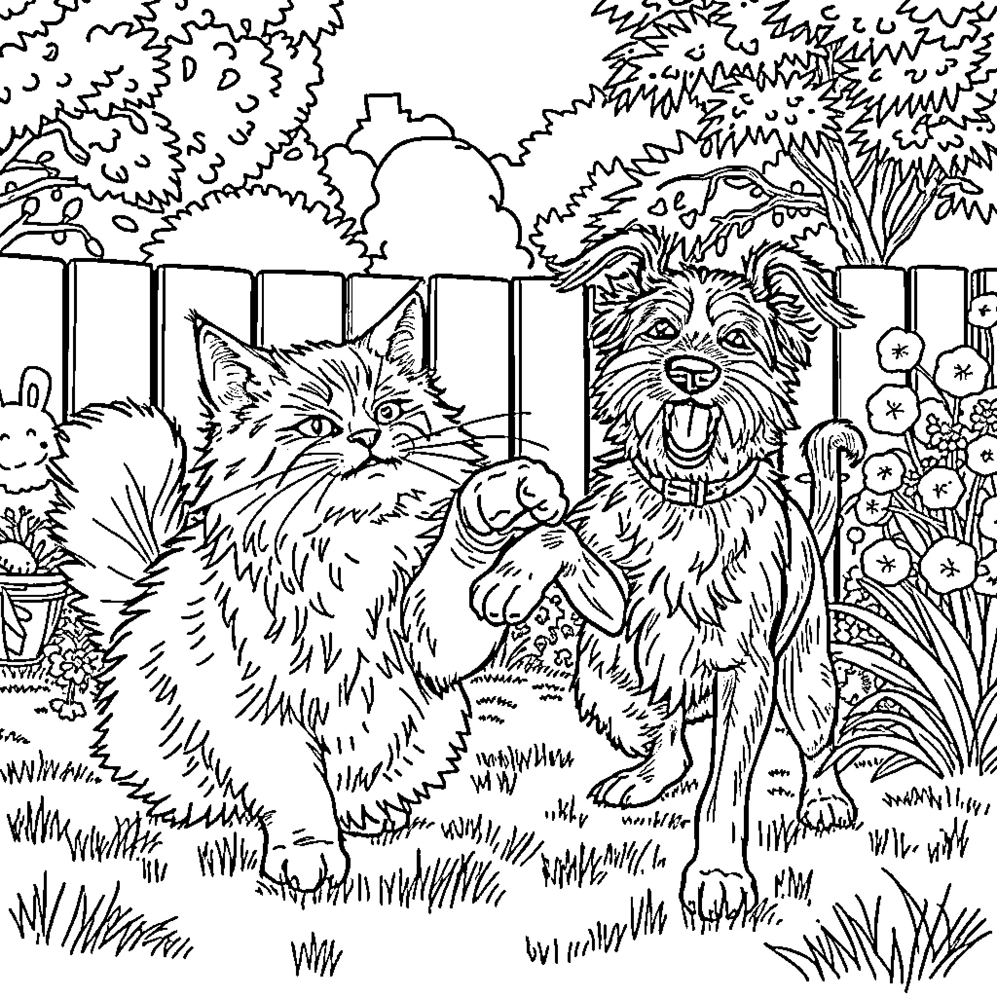 Maine Coon Cats playing joyfully in the backyard Coloring Page (free black-and-white line drawing printable PDF for all, from beginners to advanced learners, including children, teens, adults, and seniors)