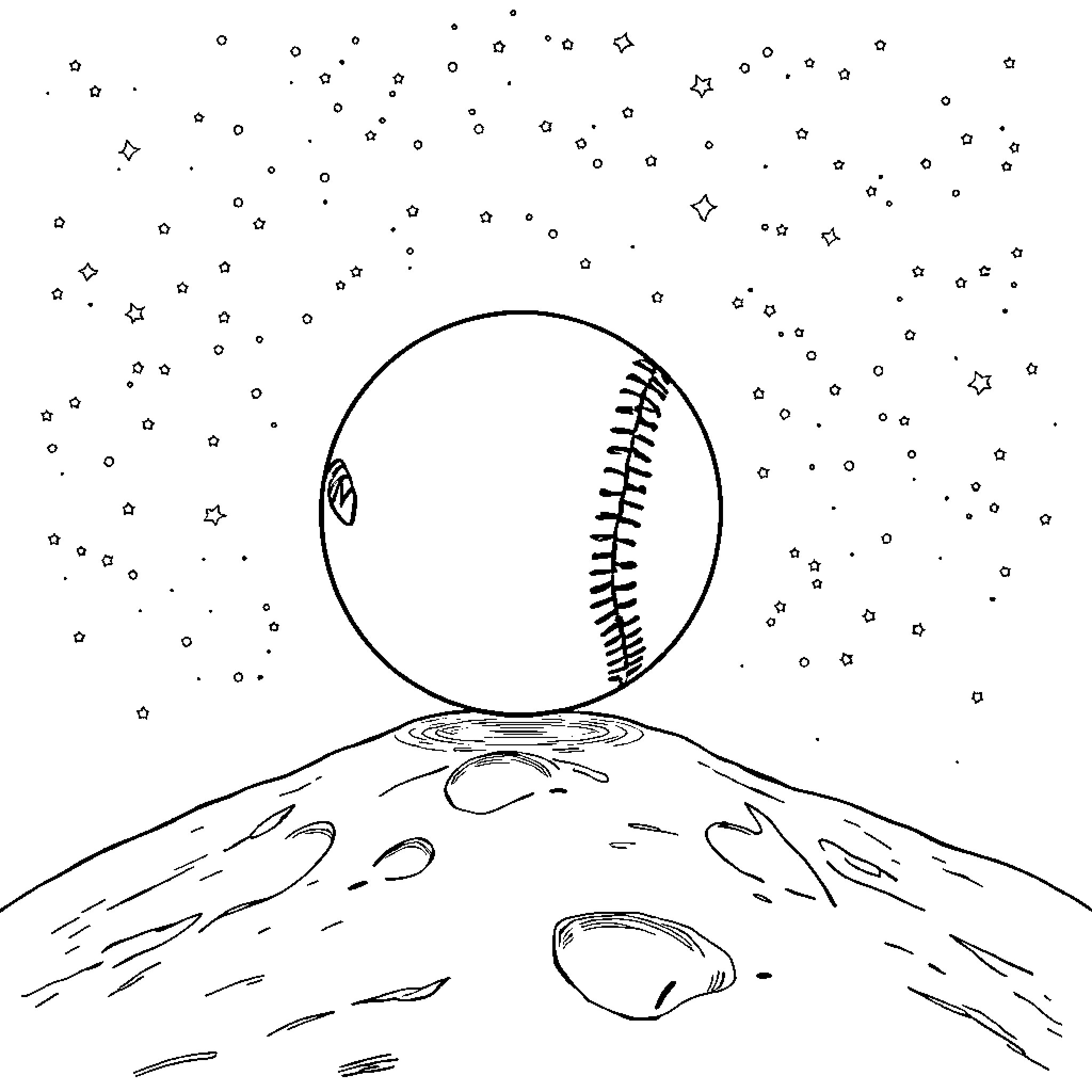 Baseball floating in starry sky Coloring Page (free black-and-white line drawing printable PDF for all, from beginners to advanced learners, including children, teens, adults, and seniors)