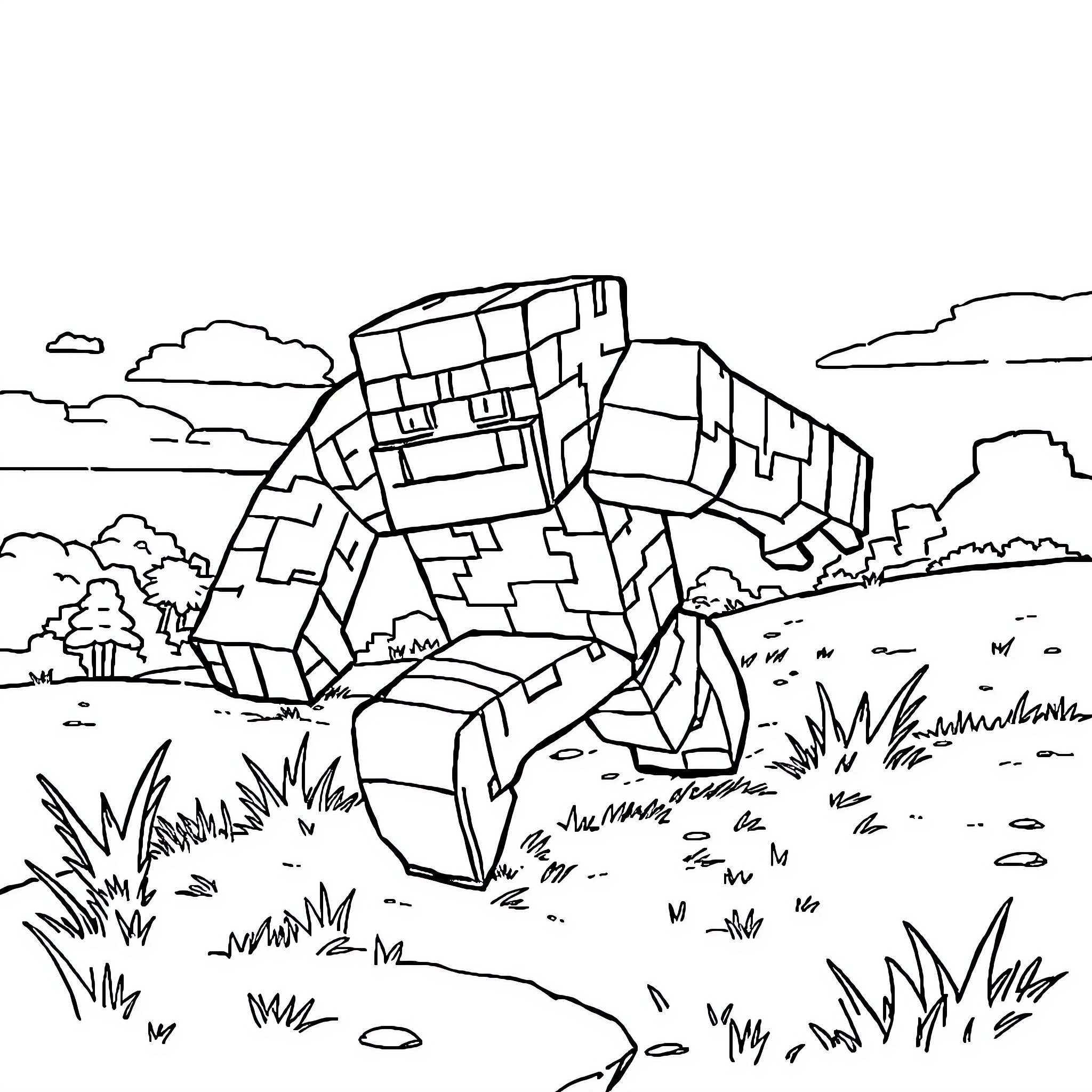 Golem exploring the wilderness Coloring Page (free black-and-white line drawing printable PDF for all, from beginners to advanced learners, including children, teens, adults, and seniors)