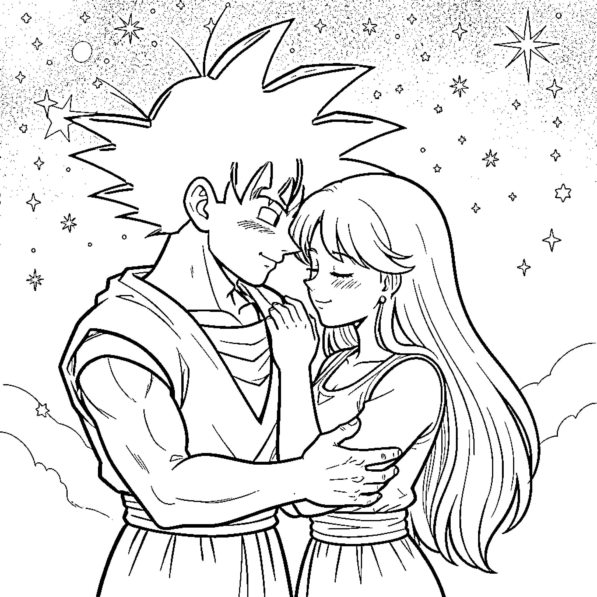 Goku's Romantic Embrace with Beloved Coloring Page (free black-and-white line drawing printable PDF for all, from beginners to advanced learners, including children, teens, adults, and seniors)