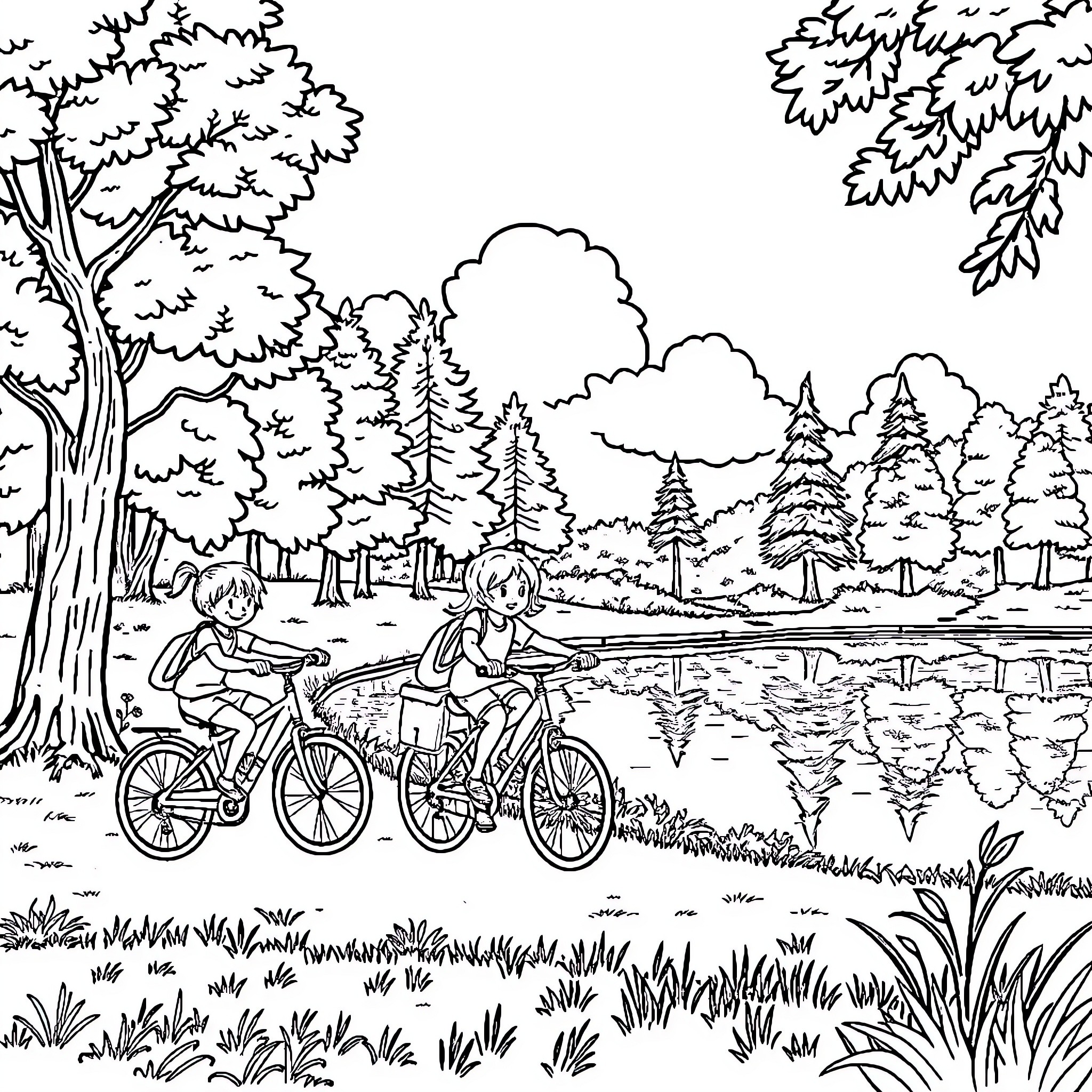 Kid Riding Bicycles in Scenic Forest Landscape Coloring Page (free black-and-white line drawing printable PDF for all, from beginners to advanced learners, including children, teens, adults, and seniors)