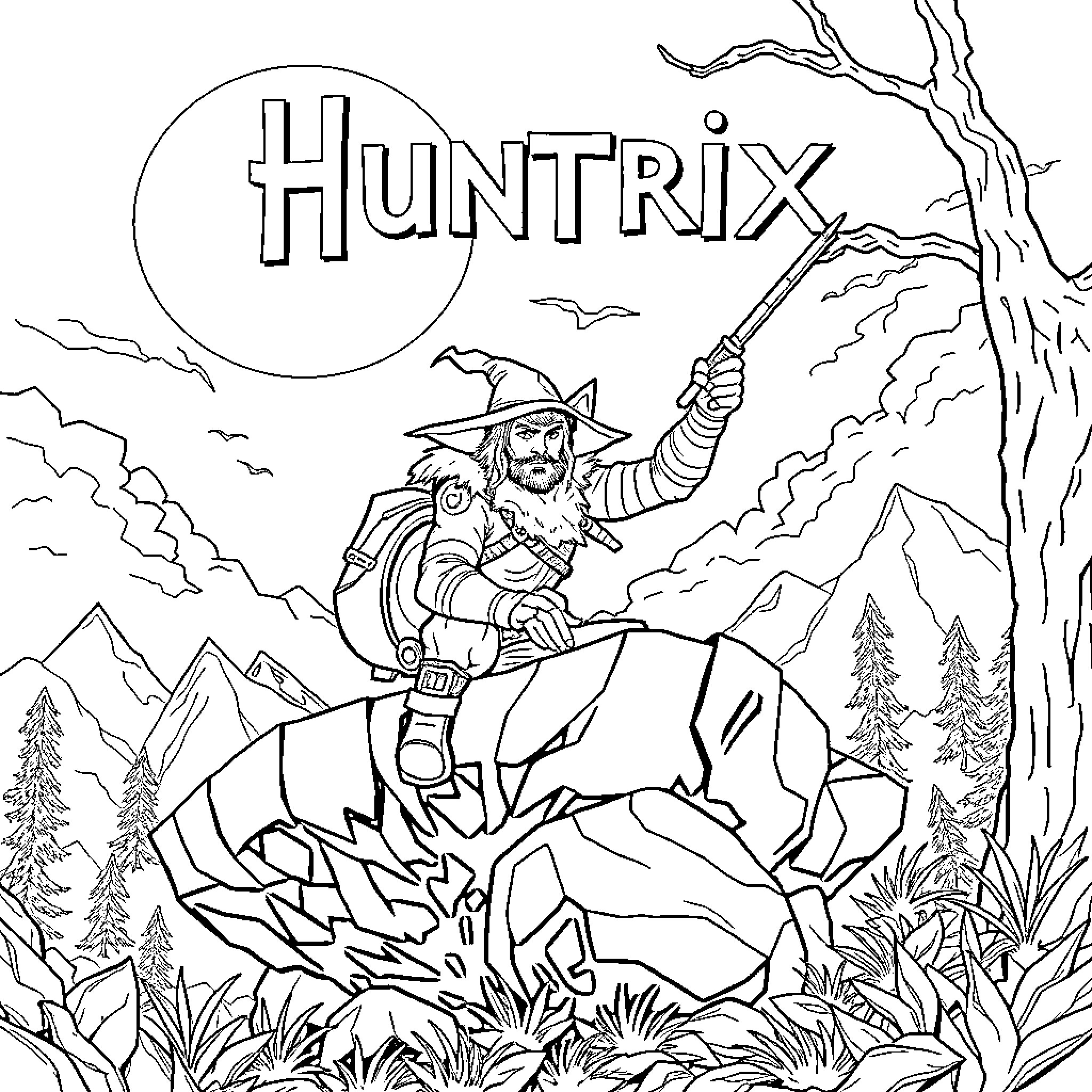Huntrix Hunting Adventure in the Wilderness Coloring Page (free black-and-white line drawing printable PDF for all, from beginners to advanced learners, including children, teens, adults, and seniors)