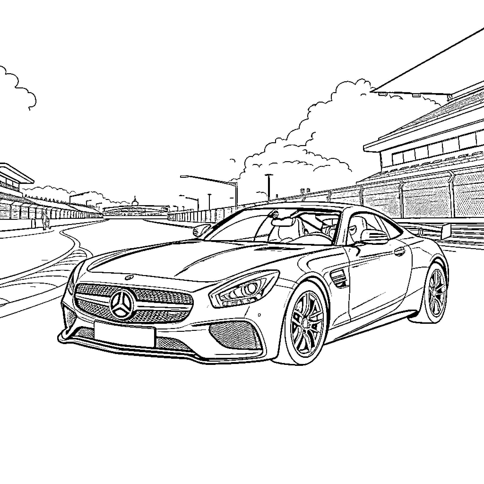 Mercedes Sports Car on the City Street Coloring Page (free black-and-white line drawing printable PDF for all, from beginners to advanced learners, including children, teens, adults, and seniors)