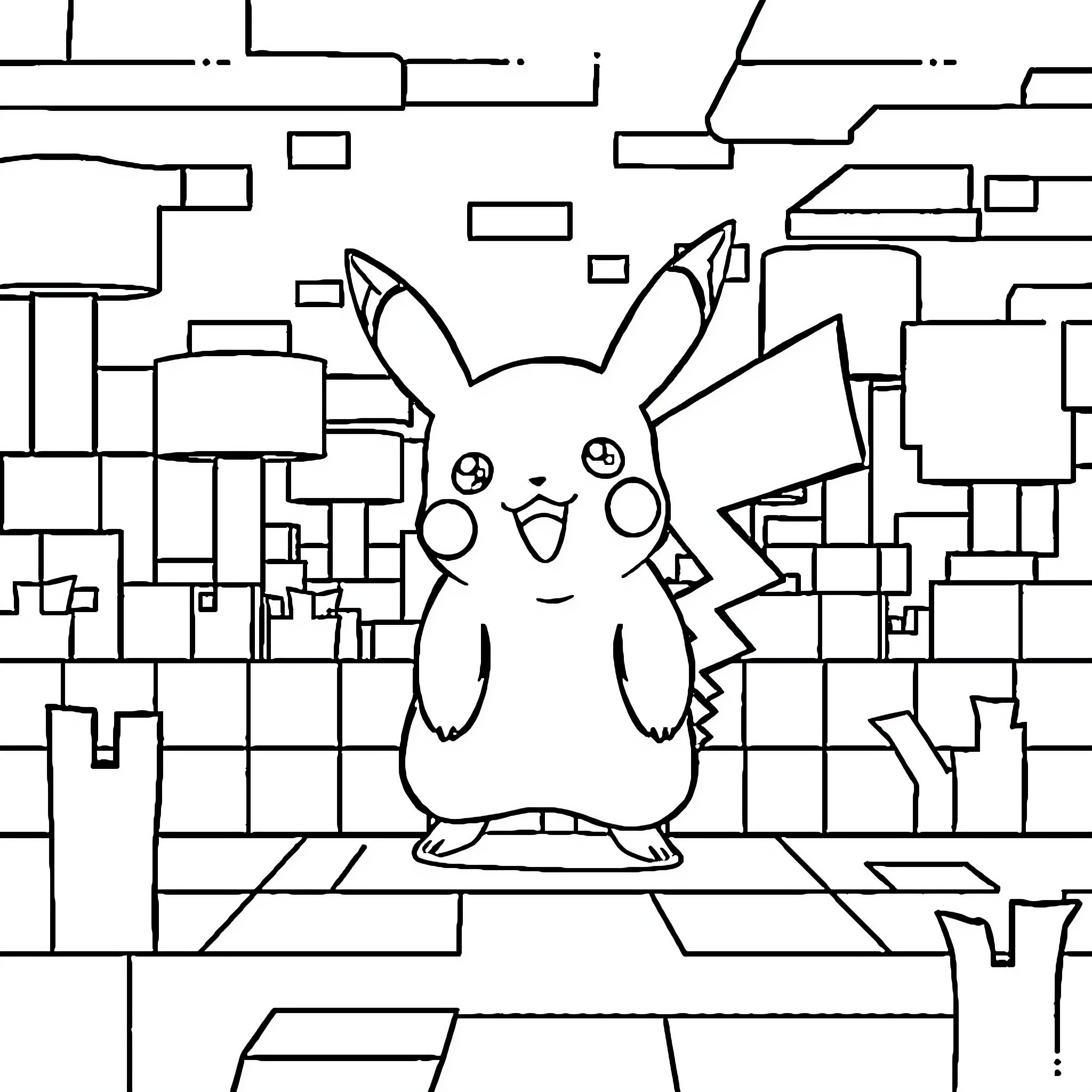 Pikachu in Abstract Digital Landscape Coloring Page (free black-and-white line drawing printable PDF for all, from beginners to advanced learners, including children, teens, adults, and seniors)