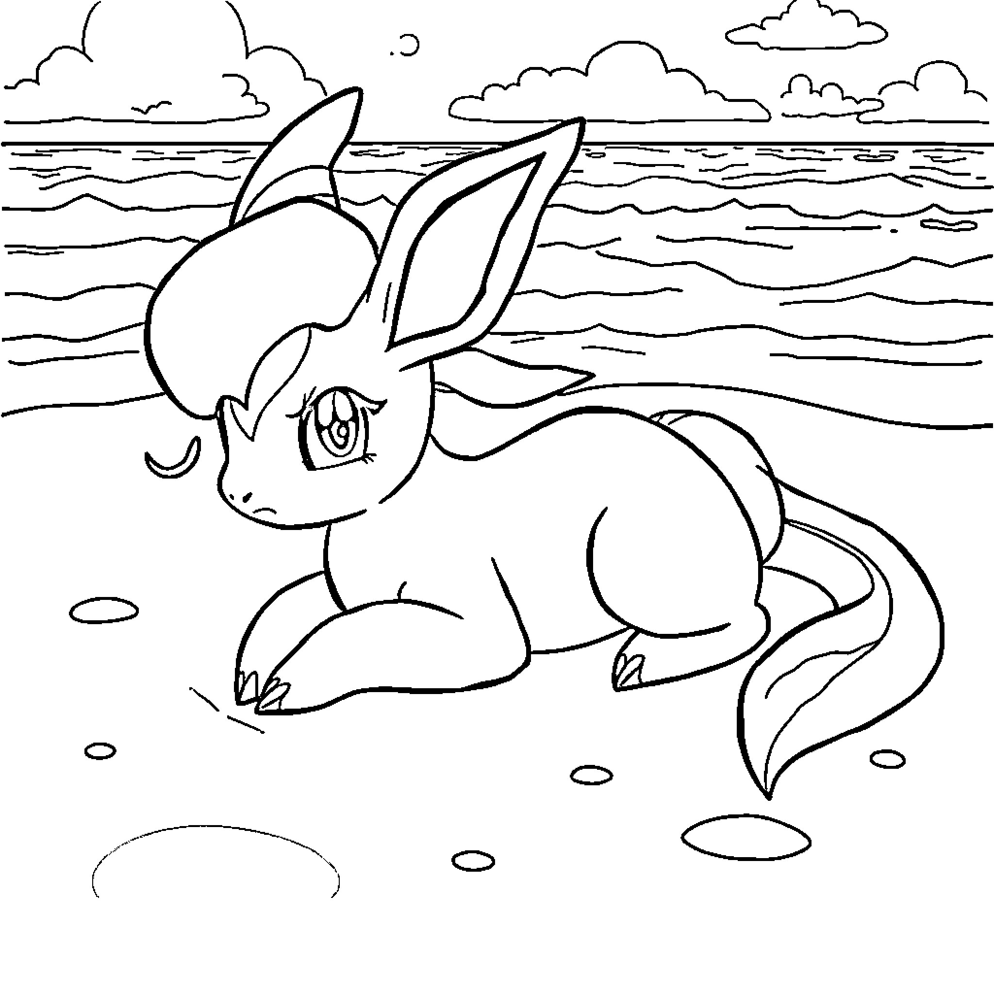 Vaporeon resting by the ocean Coloring Page (free black-and-white line drawing printable PDF for all, from beginners to advanced learners, including children, teens, adults, and seniors)
