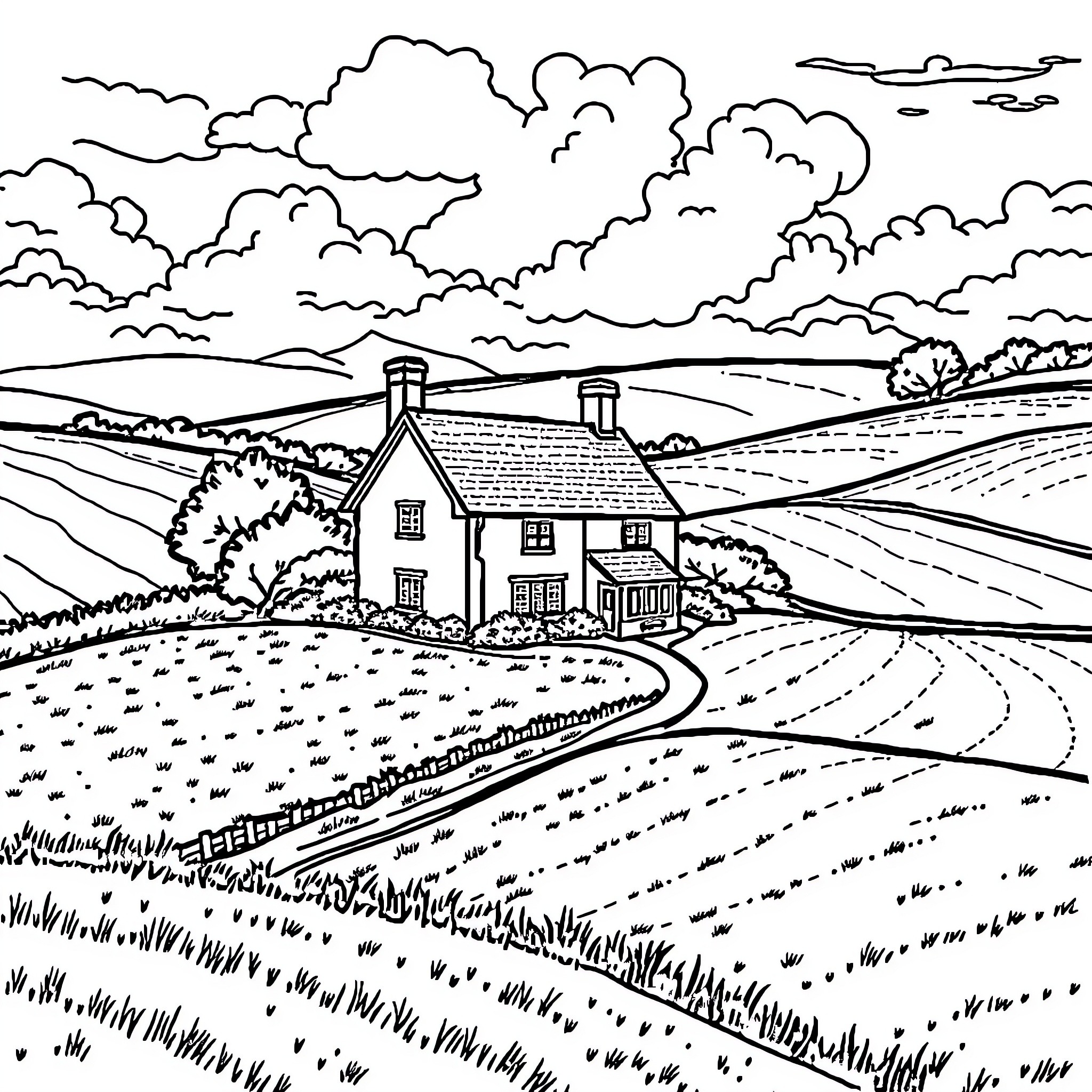 House in a Peaceful Rural Landscape Coloring Page (free black-and-white line drawing printable PDF for all, from beginners to advanced learners, including children, teens, adults, and seniors)