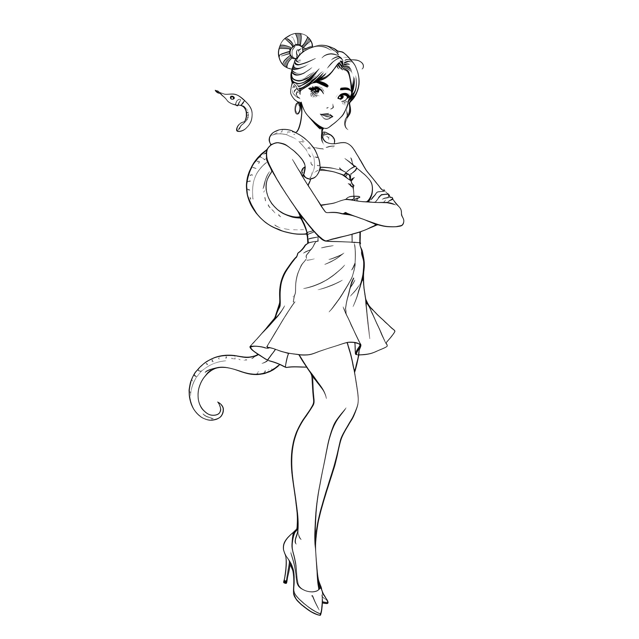 Woman in elegant dress posing confidently Coloring Page (free black-and-white line drawing printable PDF for all, from beginners to advanced learners, including children, teens, adults, and seniors)