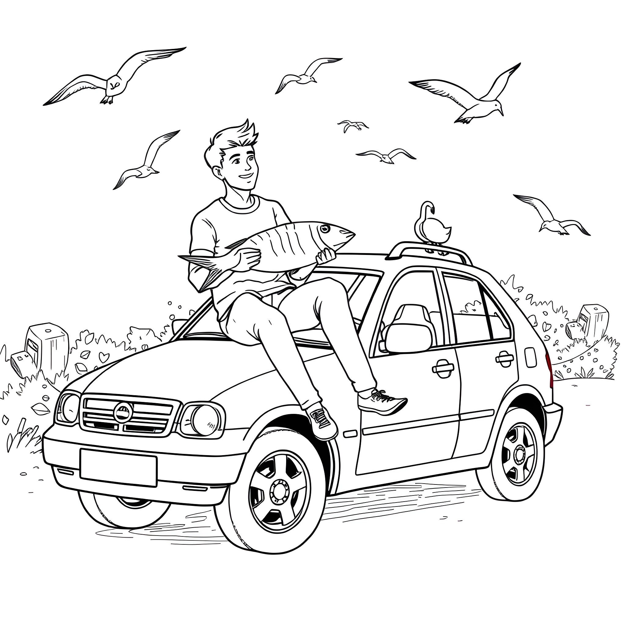 Man fishing on top of car in scenic outdoor setting Coloring Page (free black-and-white line drawing printable PDF for all, from beginners to advanced learners, including children, teens, adults, and seniors)