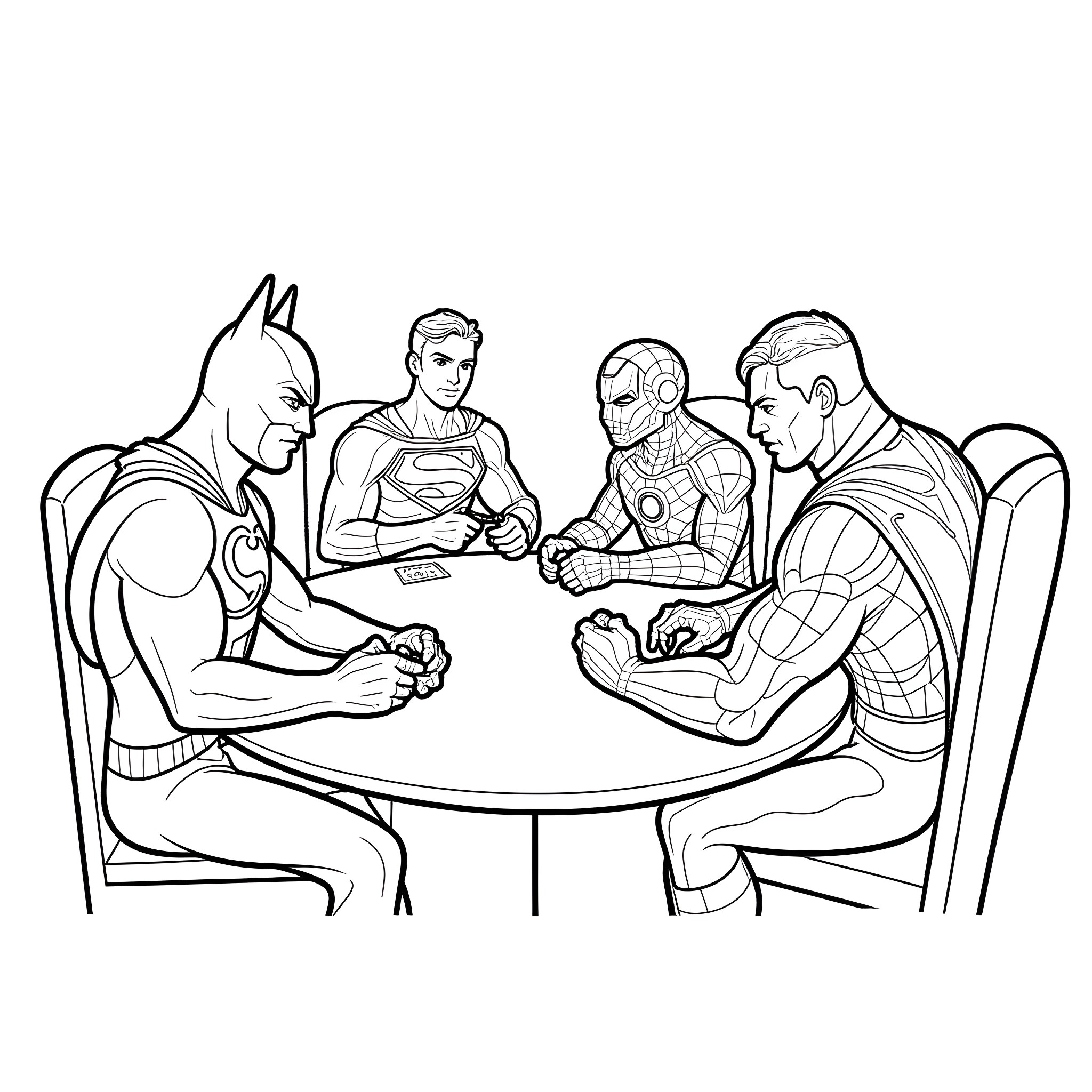 Superhero Team Planning Mission at Briefing Table Coloring Page (free black-and-white line drawing printable PDF for all, from beginners to advanced learners, including children, teens, adults, and seniors)