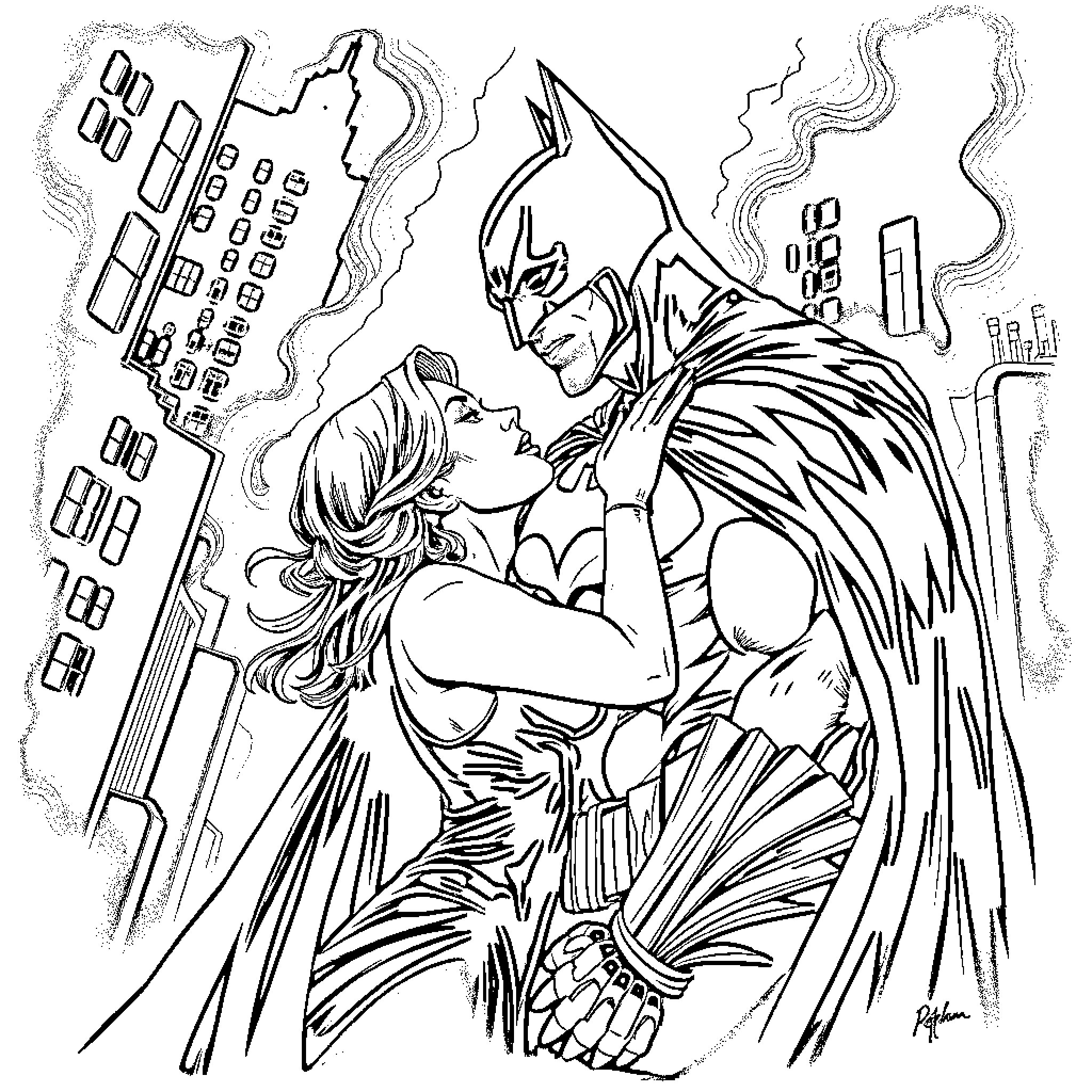 Batman's Passionate Embrace with Lover in Gotham City Coloring Page (free black-and-white line drawing printable PDF for all, from beginners to advanced learners, including children, teens, adults, and seniors)