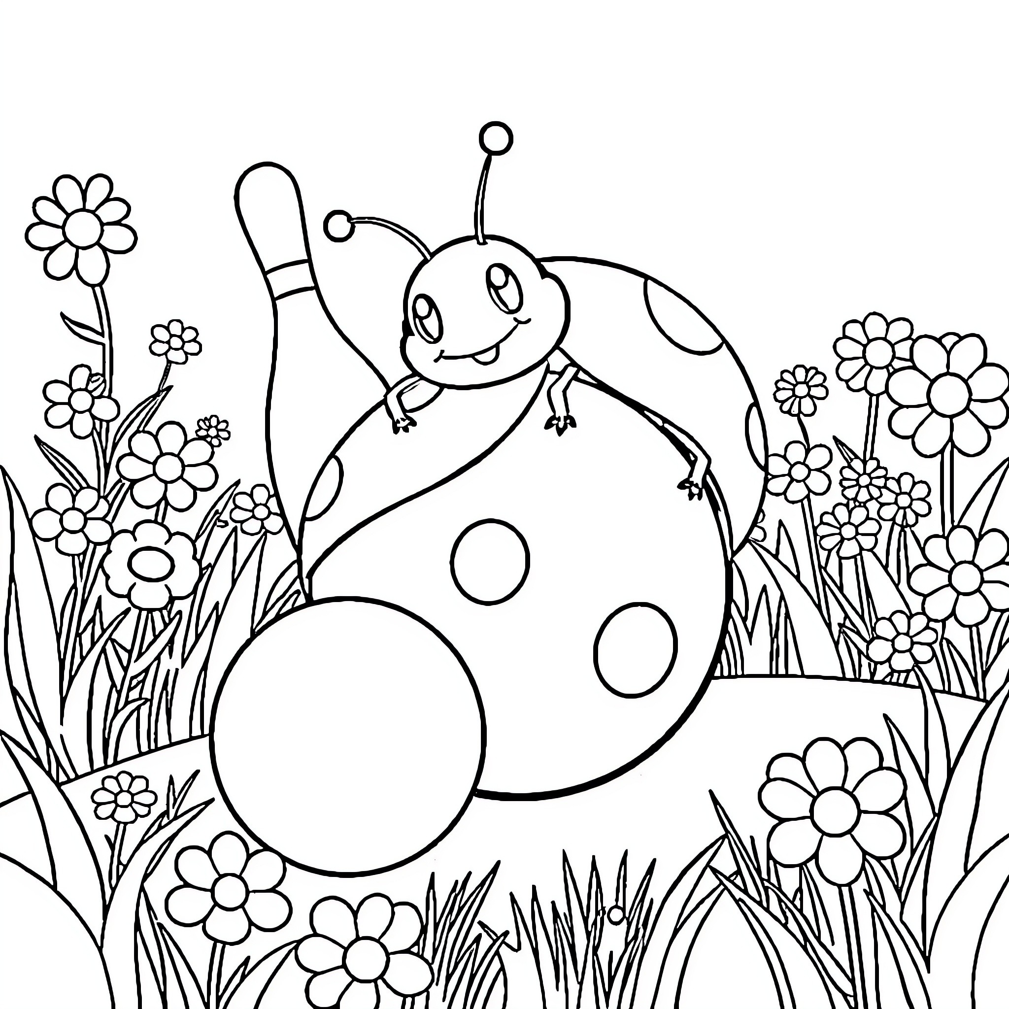Ladybug exploring the floral garden Coloring Page (free black-and-white line drawing printable PDF for all, from beginners to advanced learners, including children, teens, adults, and seniors)