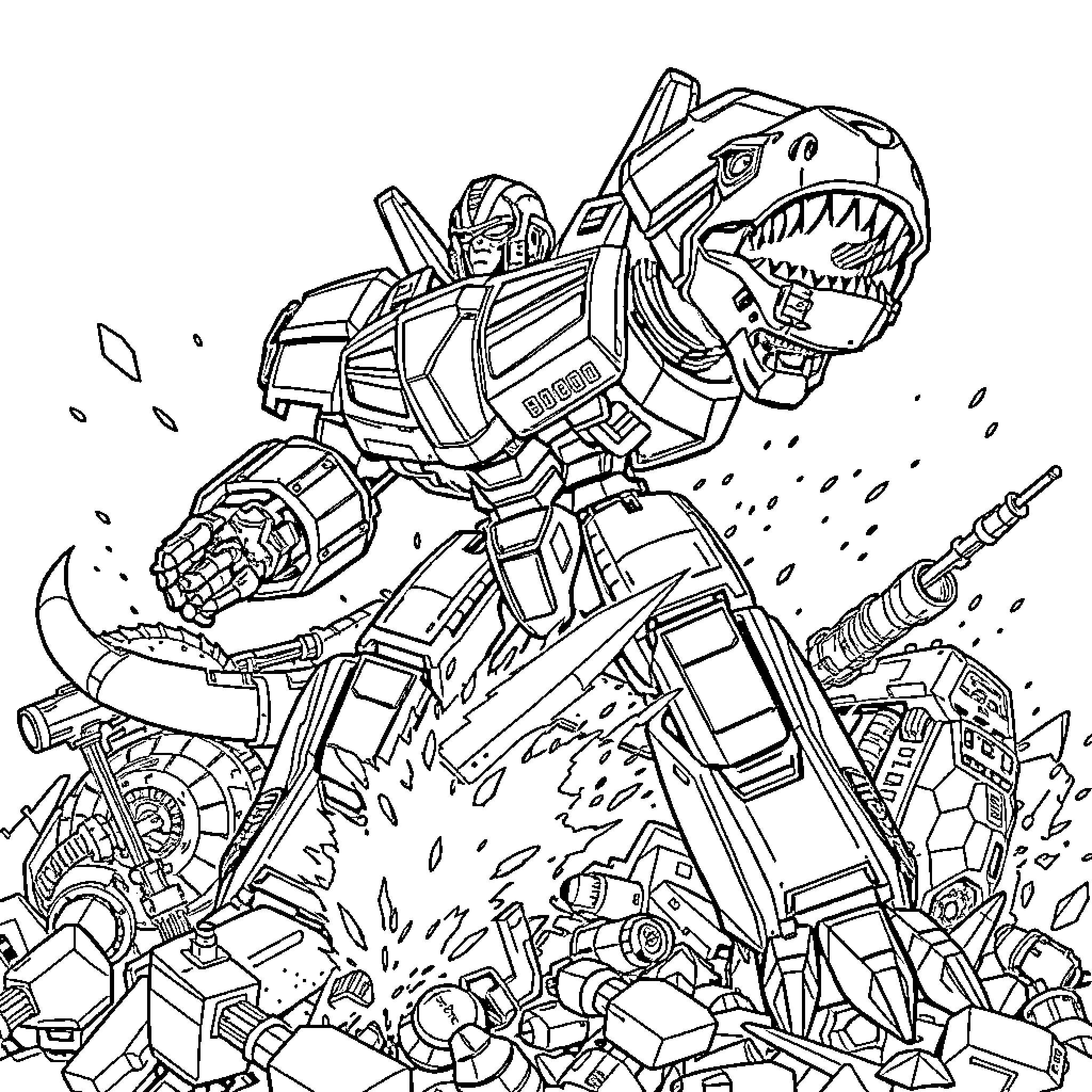 Grimlock Transformers Mech Crushing Debris Coloring Page (free black-and-white line drawing printable PDF for all, from beginners to advanced learners, including children, teens, adults, and seniors)