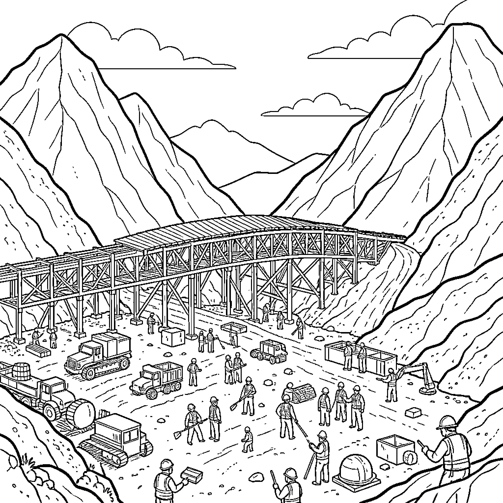 Coalmine workers in mountainous construction site Coloring Page (free black-and-white line drawing printable PDF for all, from beginners to advanced learners, including children, teens, adults, and seniors)