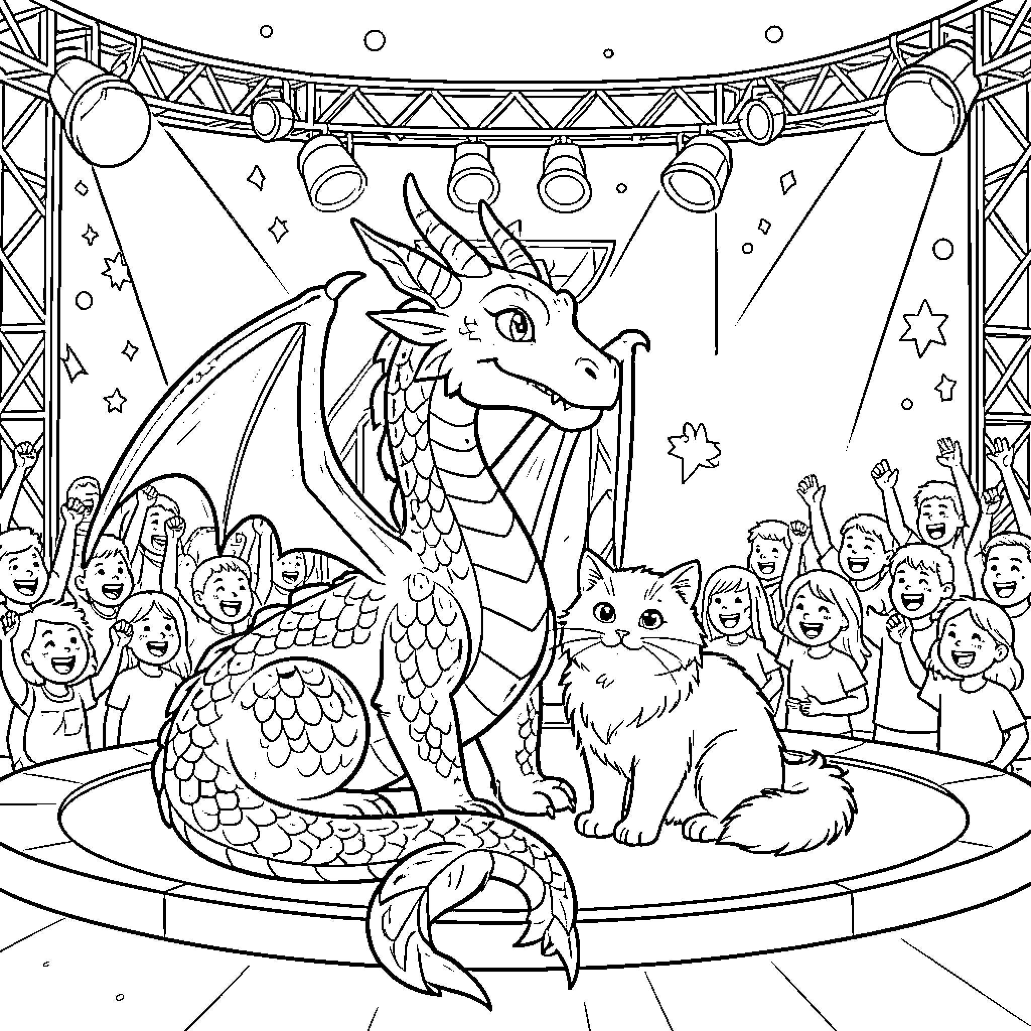 Dragon performs in a circus with a cat Coloring Page (free black-and-white line drawing printable PDF for all, from beginners to advanced learners, including children, teens, adults, and seniors)