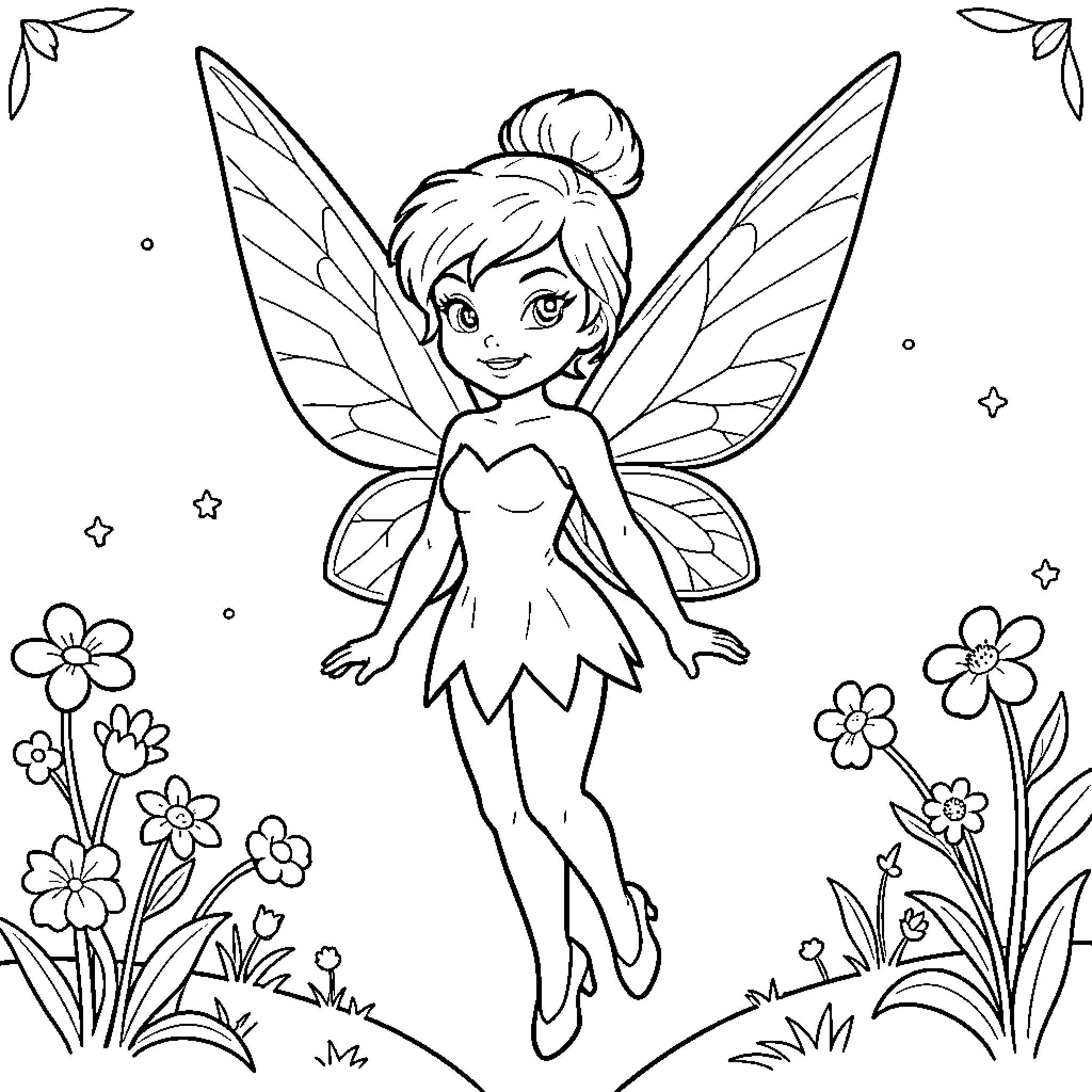 Fée Clochette flying joyfully among beautiful flowers Coloring Page (free black-and-white line drawing printable PDF for all, from beginners to advanced learners, including children, teens, adults, and seniors)