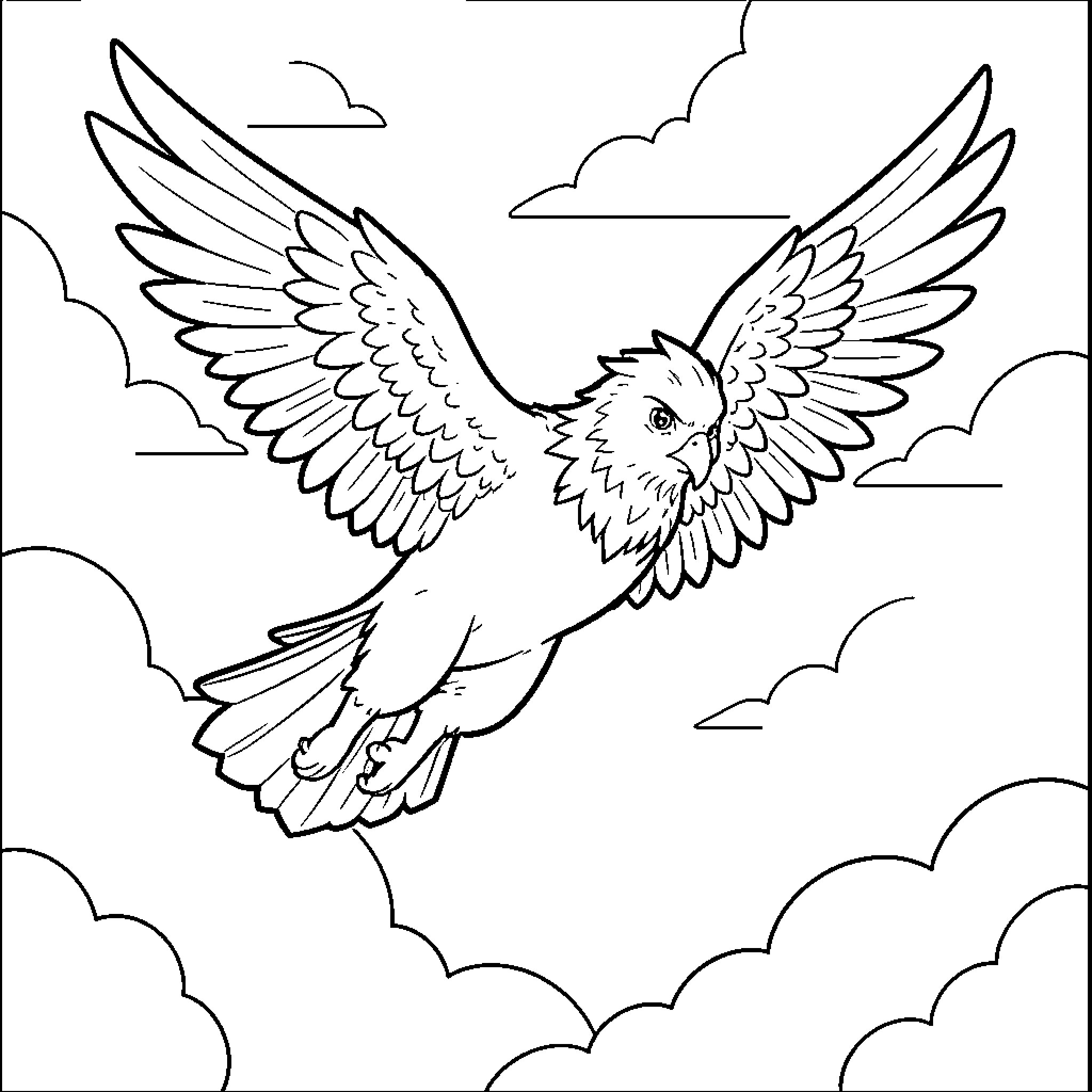 Zelel eagle soaring majestically through the clouds Coloring Page (free black-and-white line drawing printable PDF for all, from beginners to advanced learners, including children, teens, adults, and seniors)