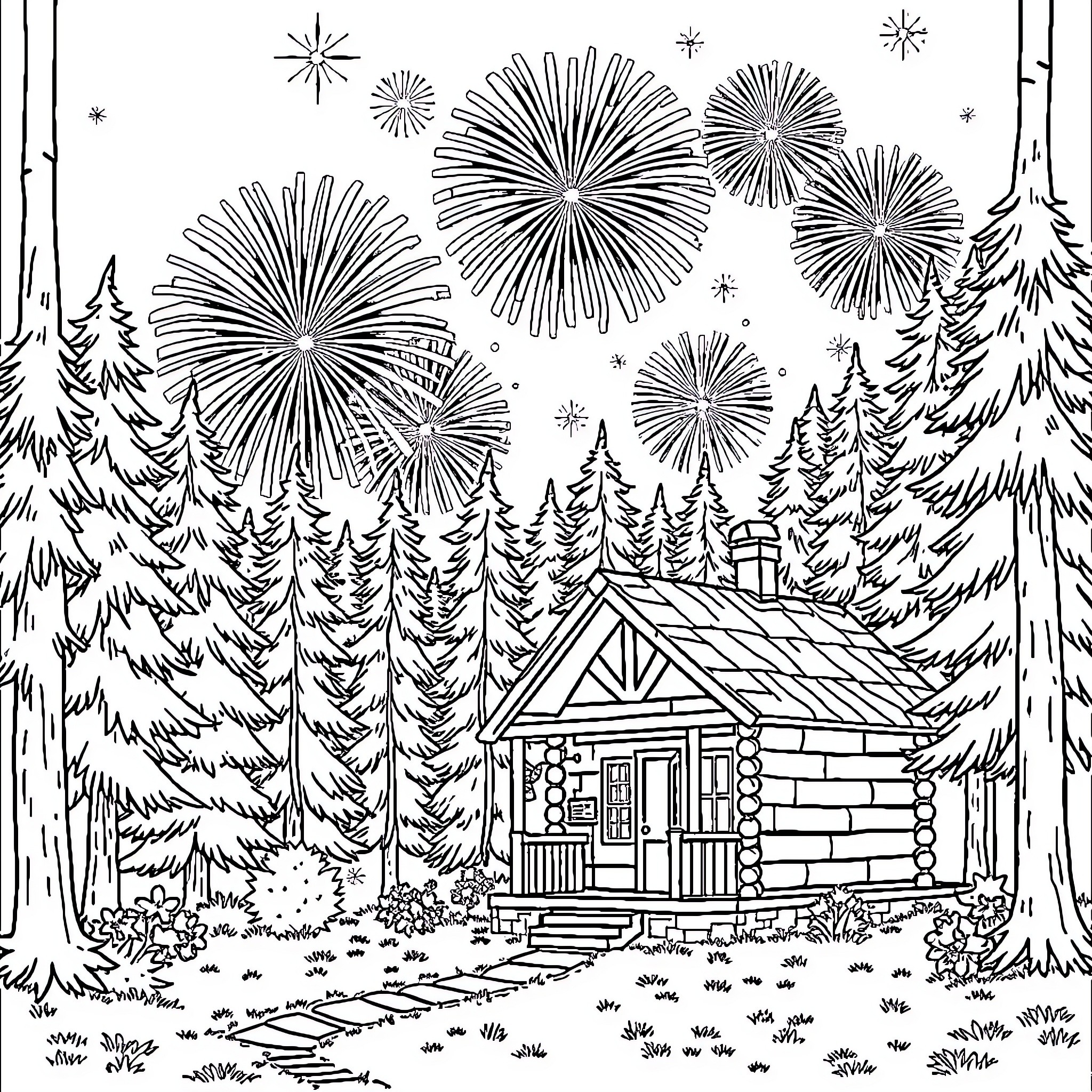 Cabin in a snowy forest with fireworks Coloring Page (free black-and-white line drawing printable PDF for all, from beginners to advanced learners, including children, teens, adults, and seniors)