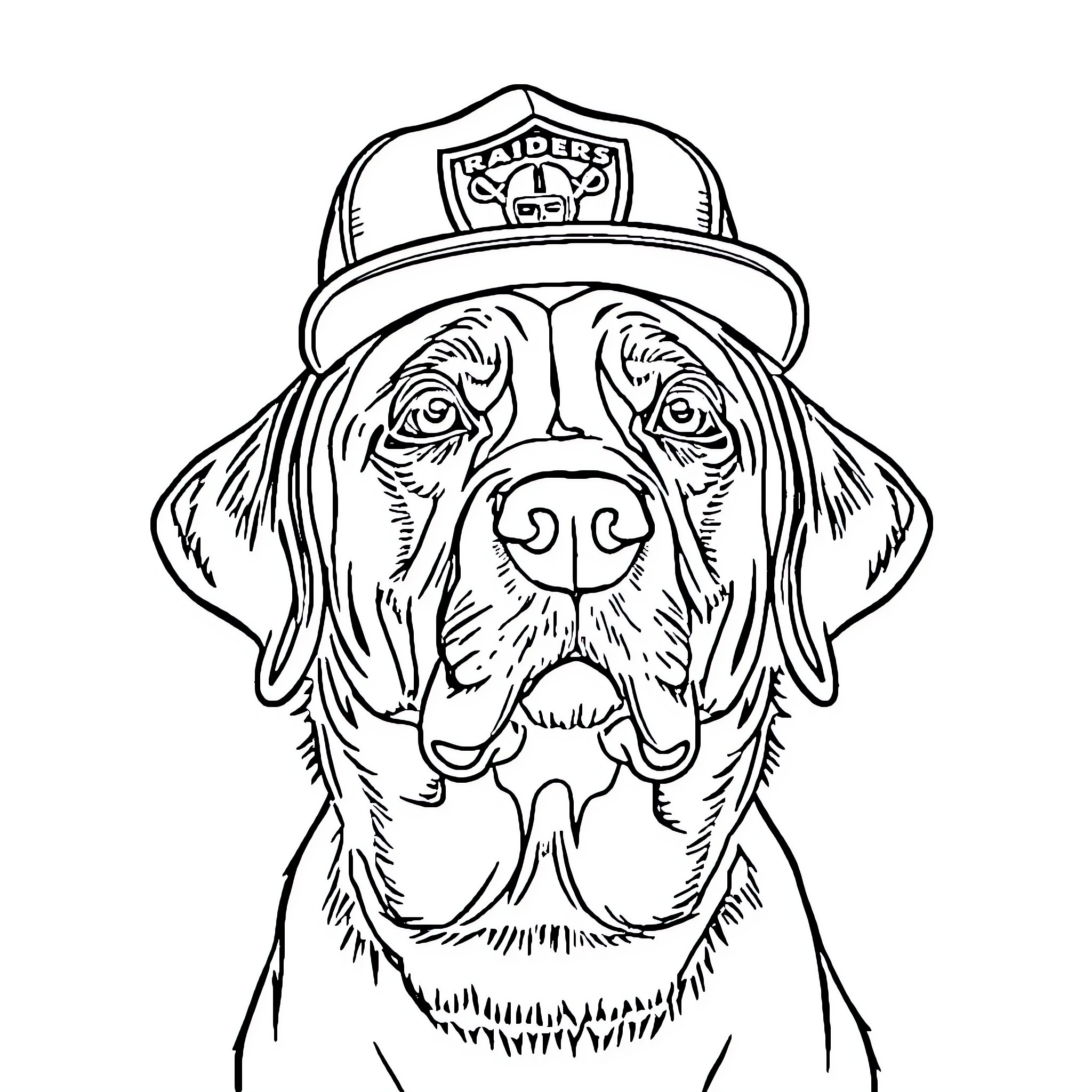 Dog wearing a Raiders baseball cap Coloring Page (free black-and-white line drawing printable PDF for all, from beginners to advanced learners, including children, teens, adults, and seniors)