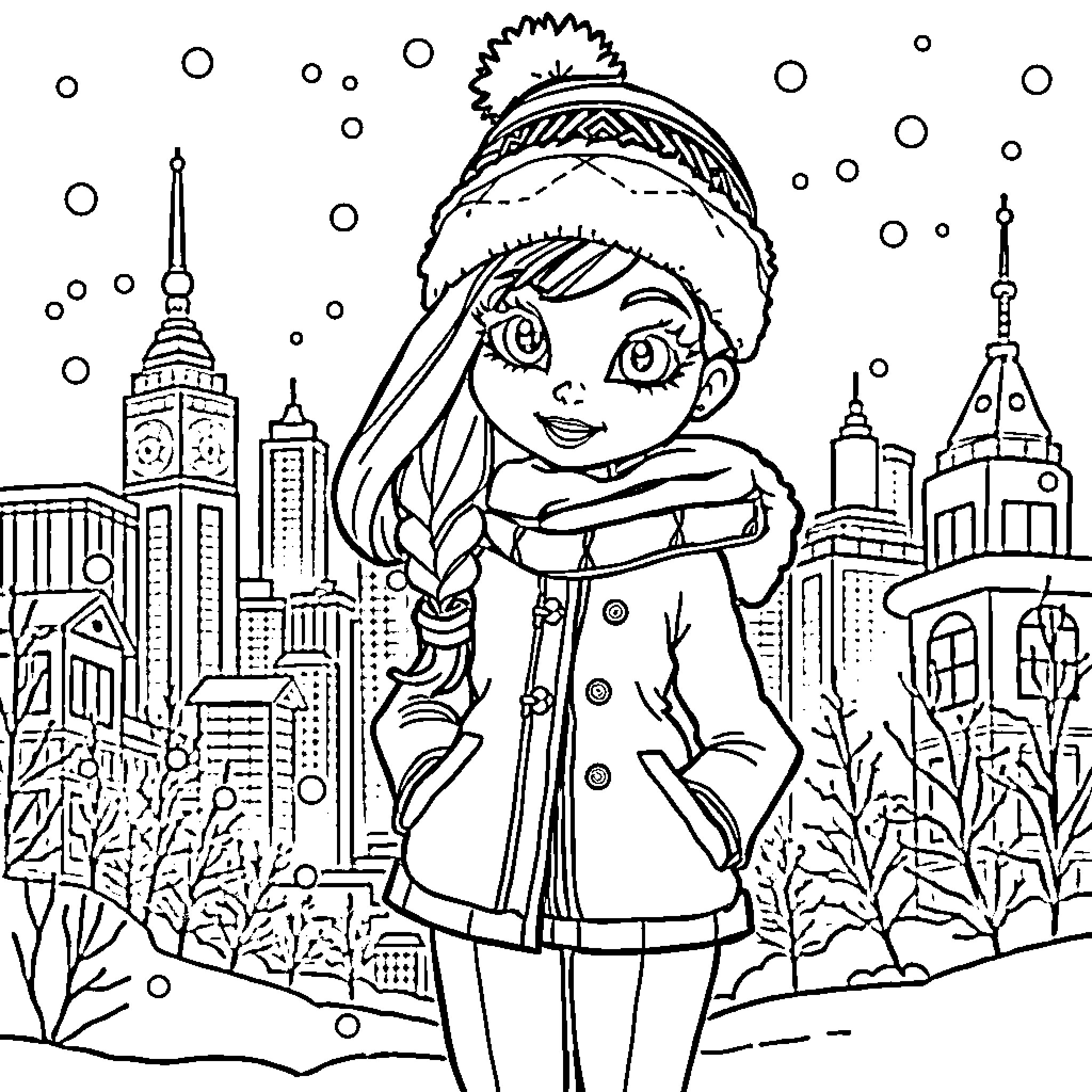 Bratz doll enjoying a winter day in the city Coloring Page (free black-and-white line drawing printable PDF for all, from beginners to advanced learners, including children, teens, adults, and seniors)