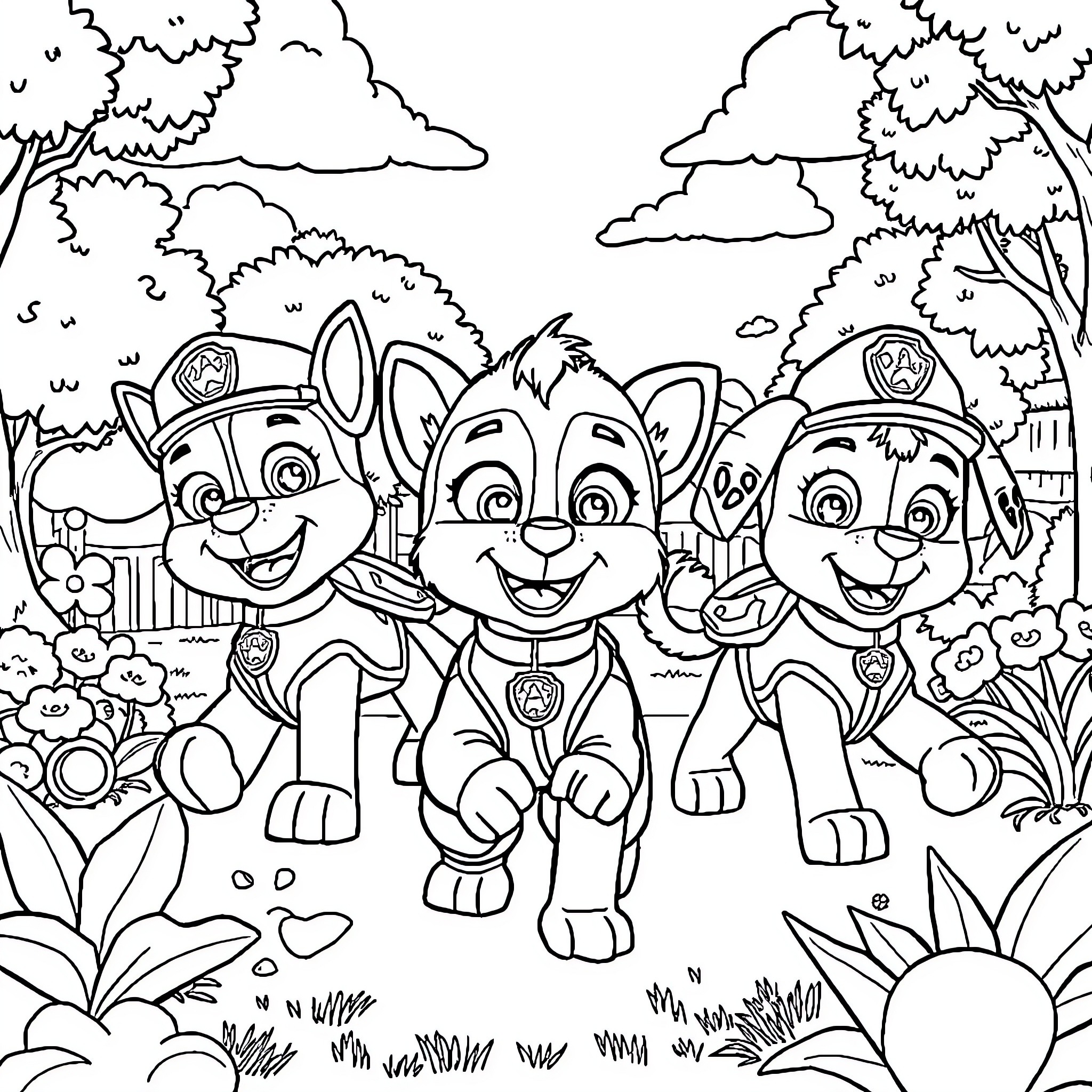 Capuchino Patrol Pups in the Enchanted Forest Coloring Page (free black-and-white line drawing printable PDF for all, from beginners to advanced learners, including children, teens, adults, and seniors)