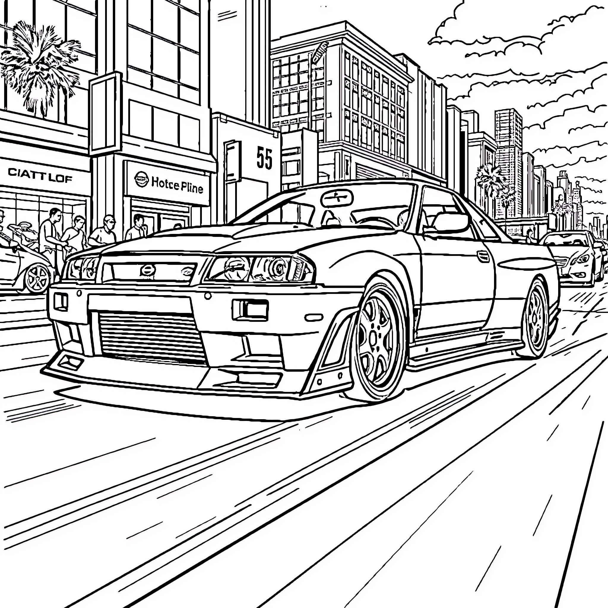 Nissan R34 speeding through city streets Coloring Page (free black-and-white line drawing printable PDF for all, from beginners to advanced learners, including children, teens, adults, and seniors)