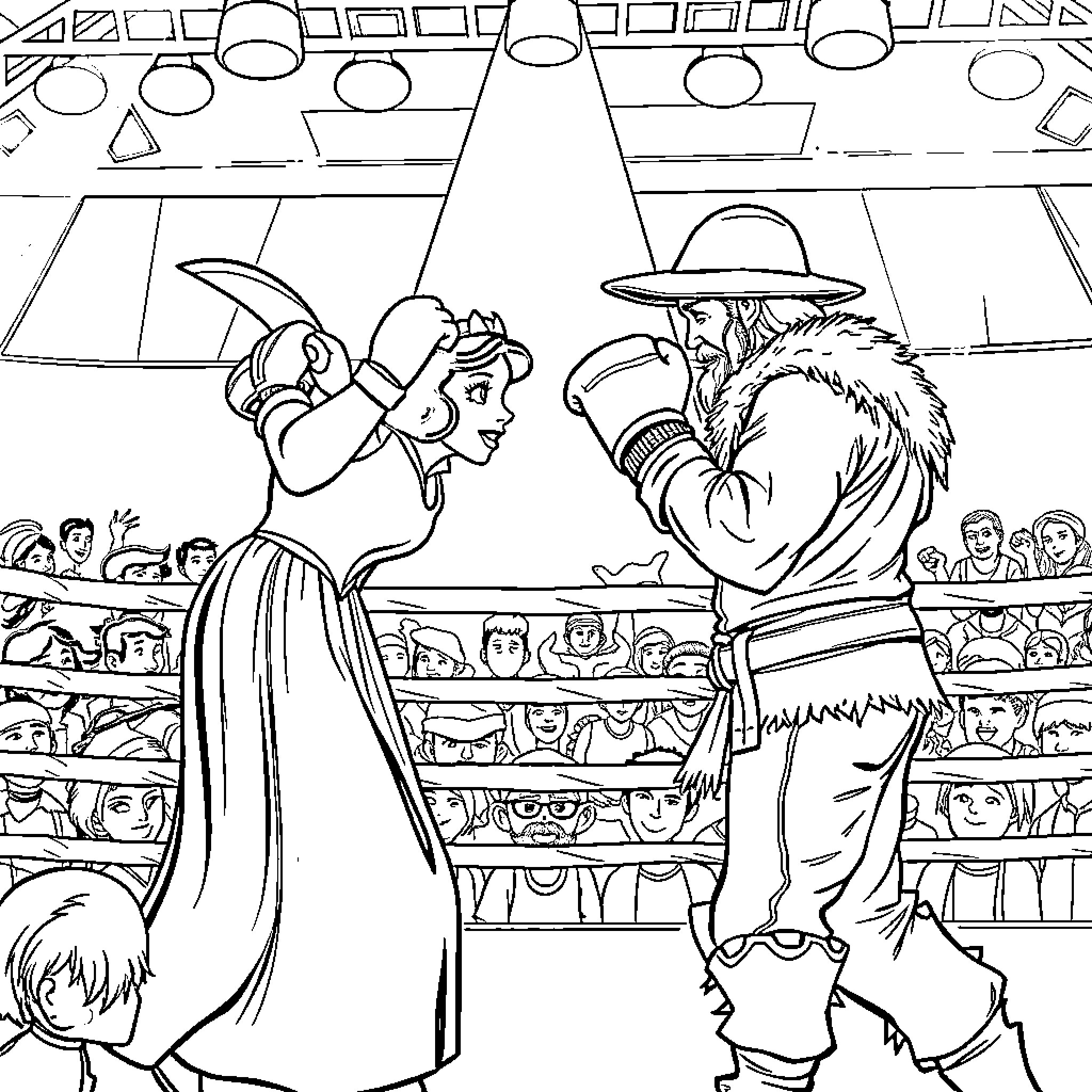Snow White and the Mysterious Stranger in the Arena Coloring Page (free black-and-white line drawing printable PDF for all, from beginners to advanced learners, including children, teens, adults, and seniors)