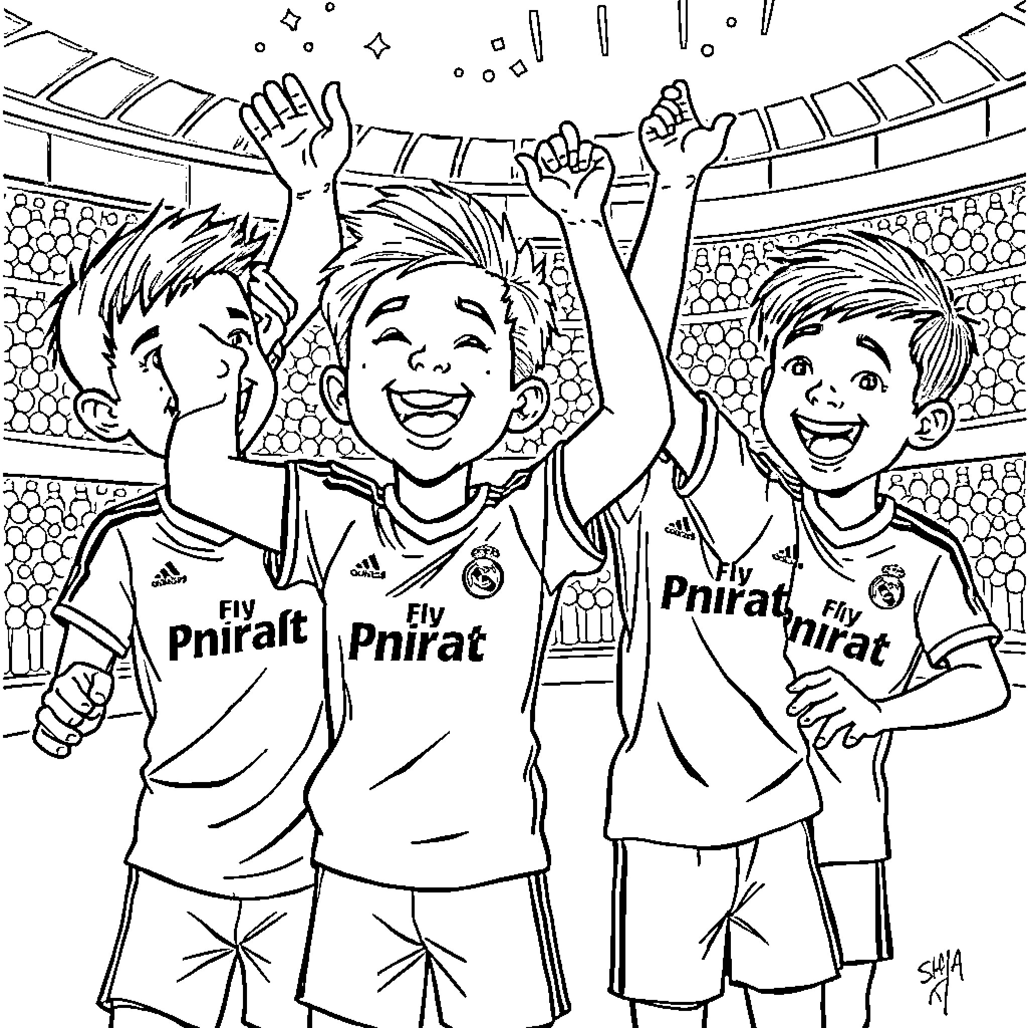 Boys celebrating victory on the soccer field Coloring Page (free black-and-white line drawing printable PDF for all, from beginners to advanced learners, including children, teens, adults, and seniors)