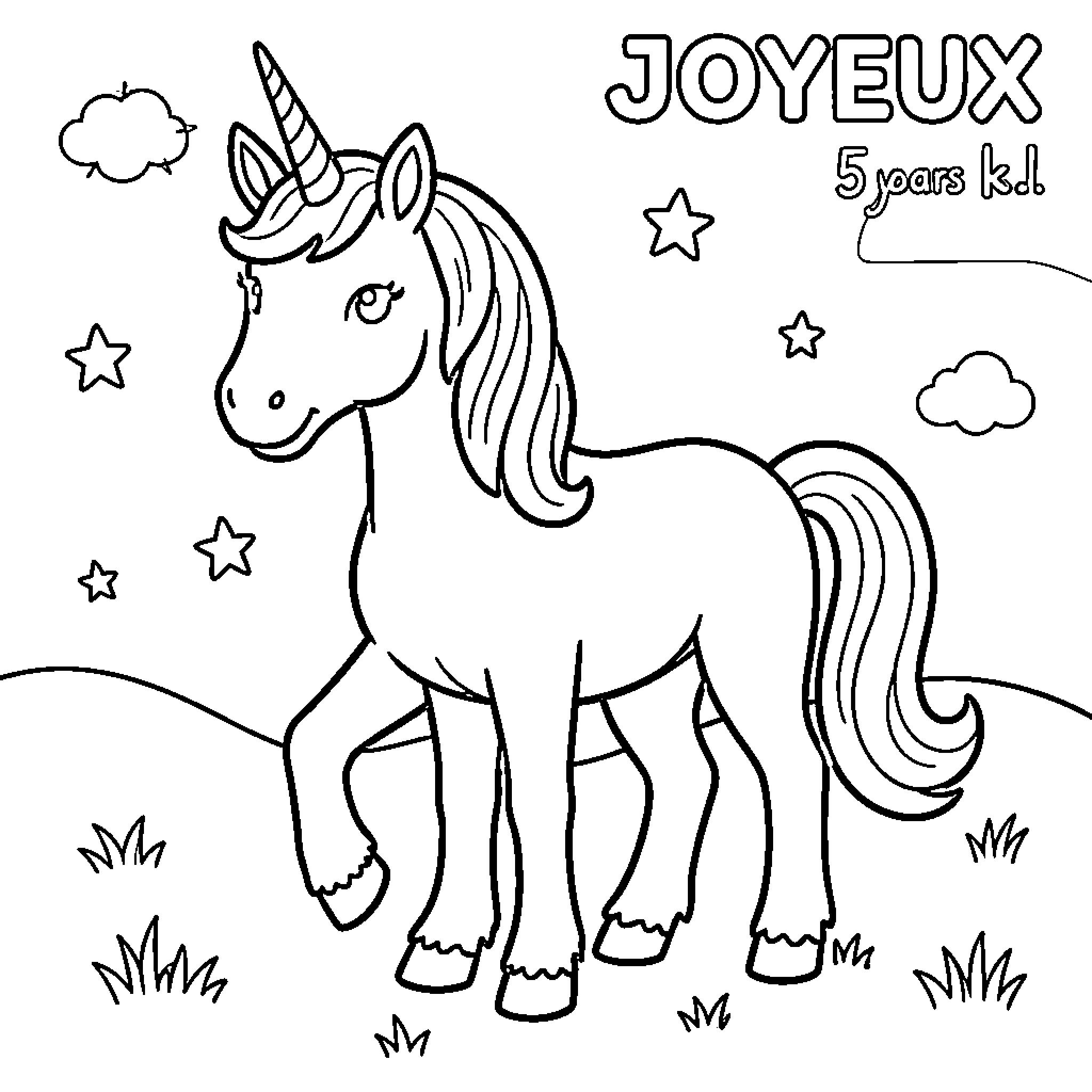 Unicorn standing amidst stars and clouds in a field Coloring Page (free black-and-white line drawing printable PDF for all, from beginners to advanced learners, including children, teens, adults, and seniors)