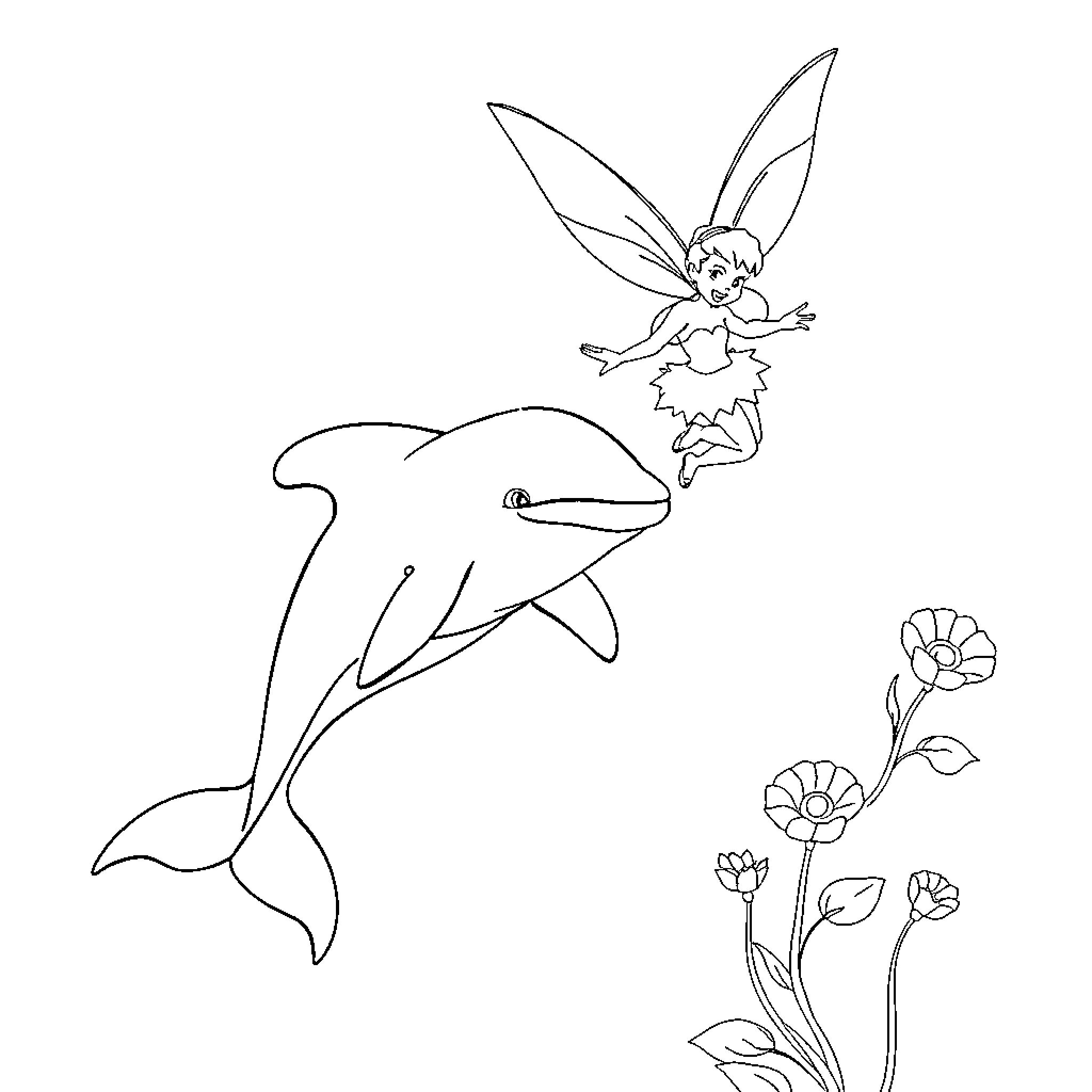 Dolphin and Fairy Interacting in Nature Coloring Page (free black-and-white line drawing printable PDF for all, from beginners to advanced learners, including children, teens, adults, and seniors)