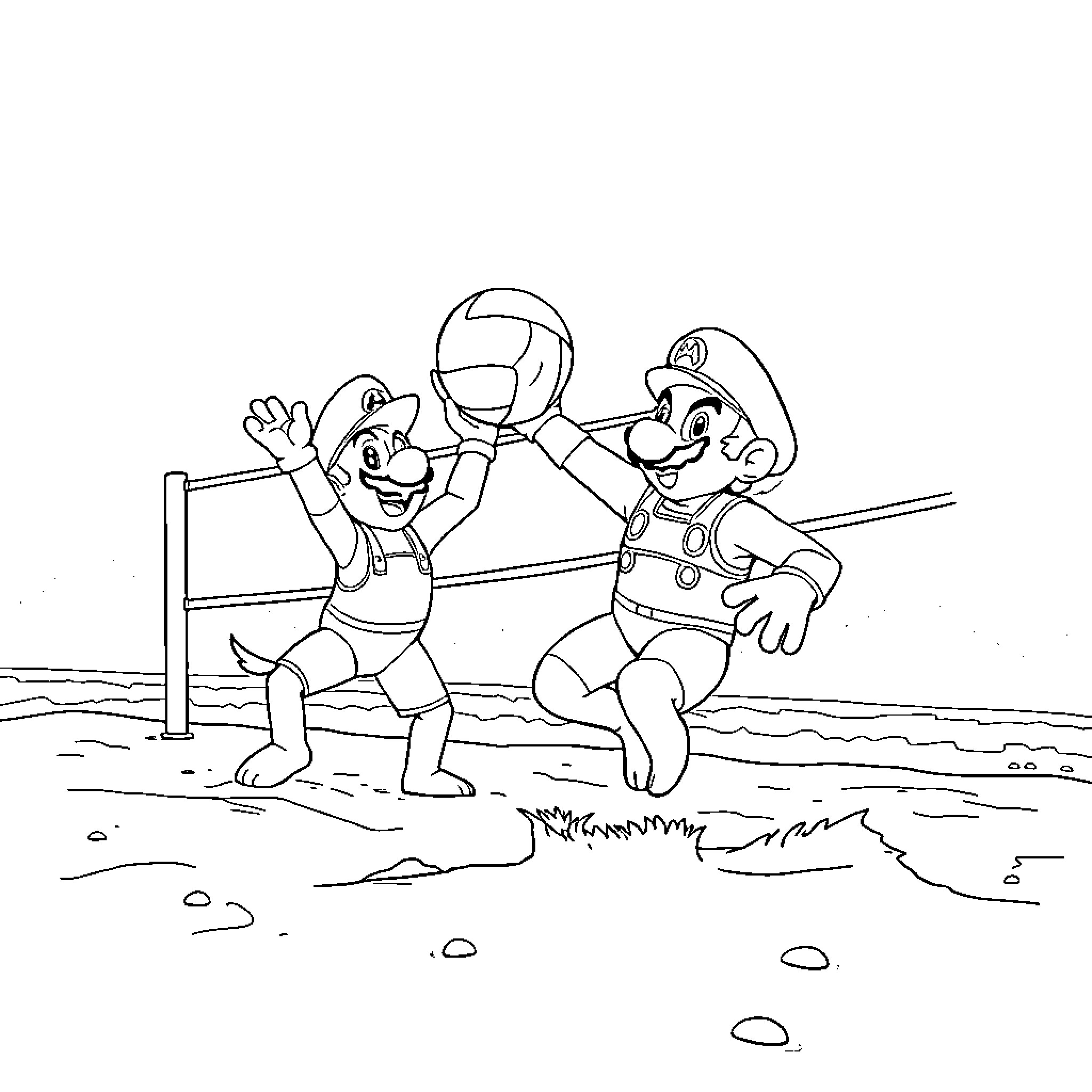 Mario and Luigi Celebrate Victory on the Beach Coloring Page (free black-and-white line drawing printable PDF for all, from beginners to advanced learners, including children, teens, adults, and seniors)