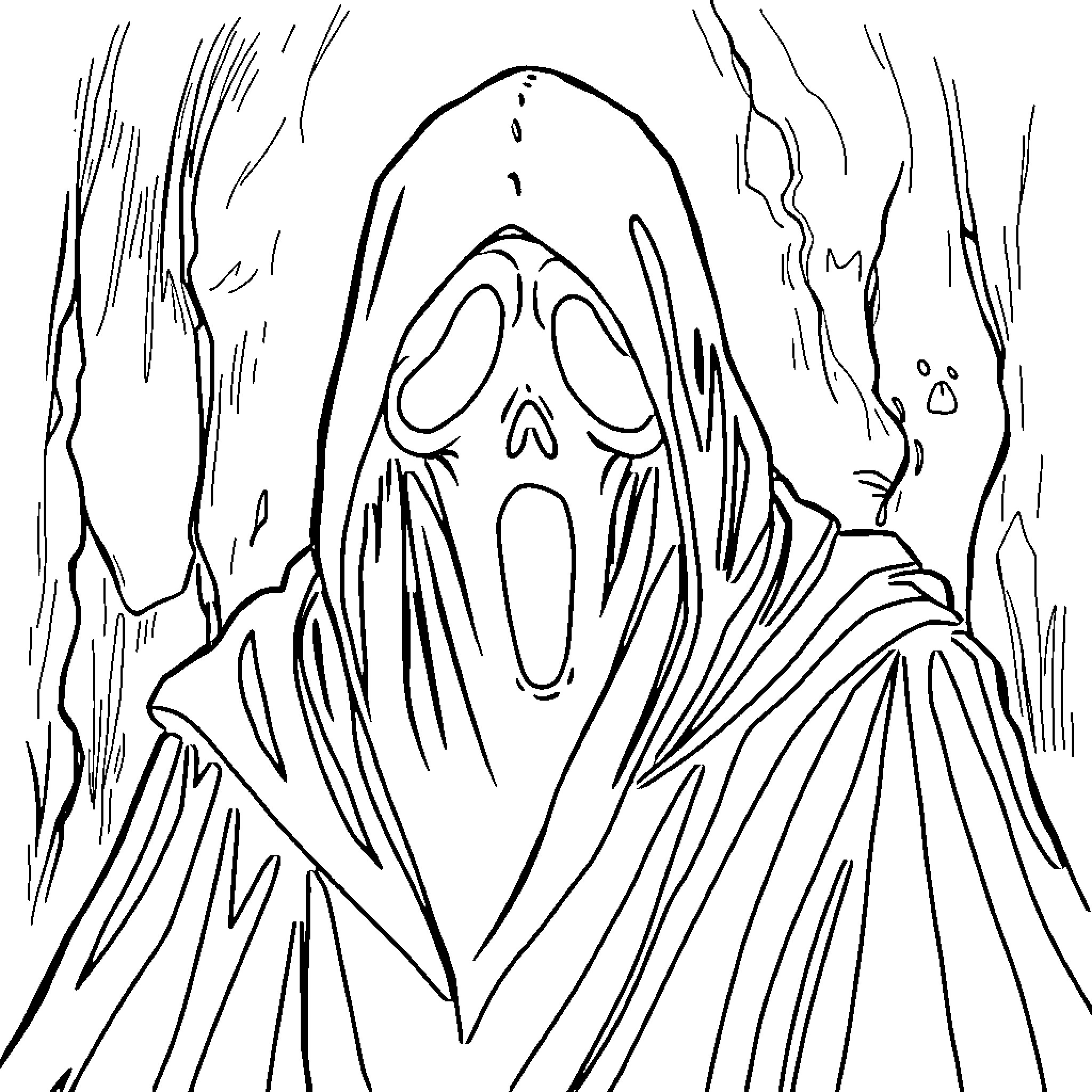 Ghostface in a Mysterious and Frightening Pose Coloring Page (free black-and-white line drawing printable PDF for all, from beginners to advanced learners, including children, teens, adults, and seniors)