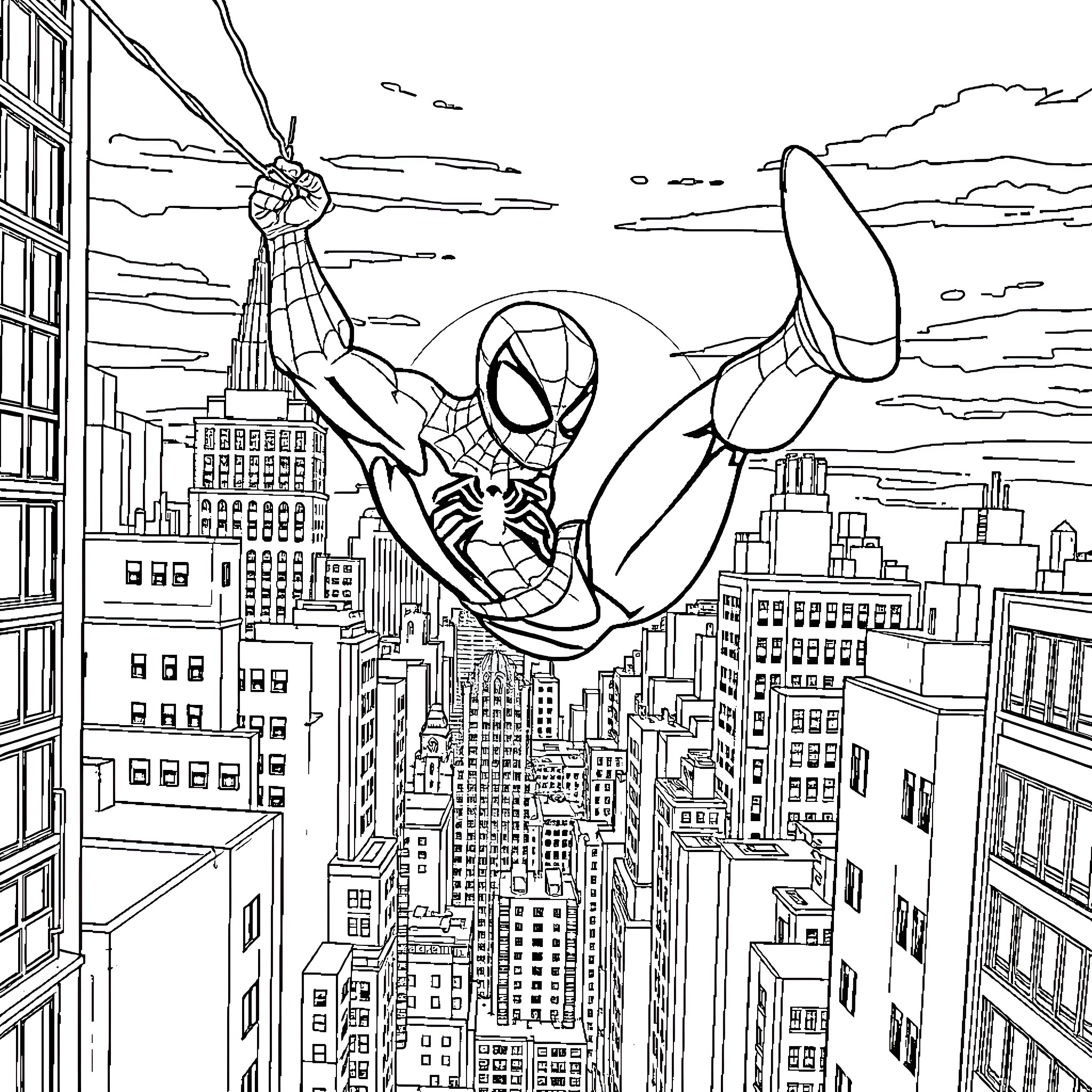 Spidey Swinging Through the Cityscape Coloring Page (free black-and-white line drawing printable PDF for all, from beginners to advanced learners, including children, teens, adults, and seniors)