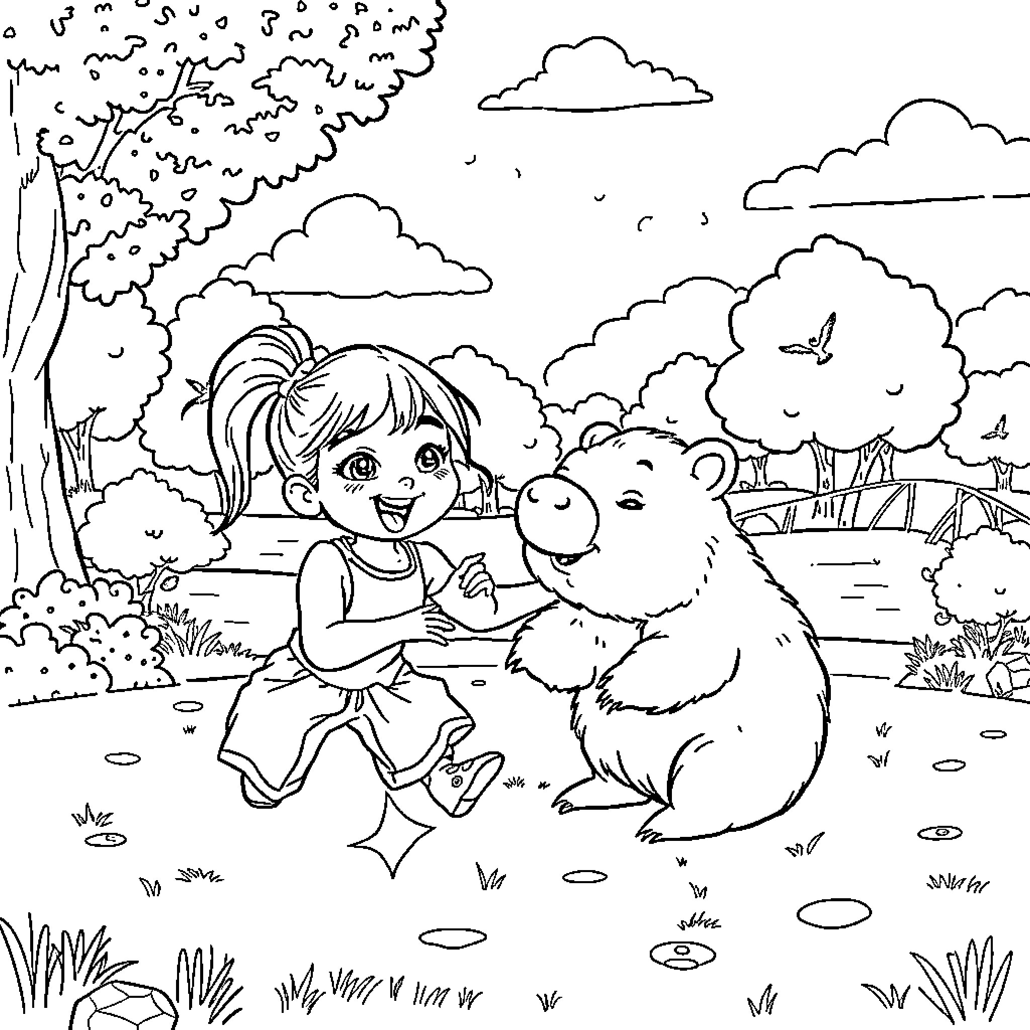Zoey's Playful Encounter with a Furry Friend Coloring Page (free black-and-white line drawing printable PDF for all, from beginners to advanced learners, including children, teens, adults, and seniors)