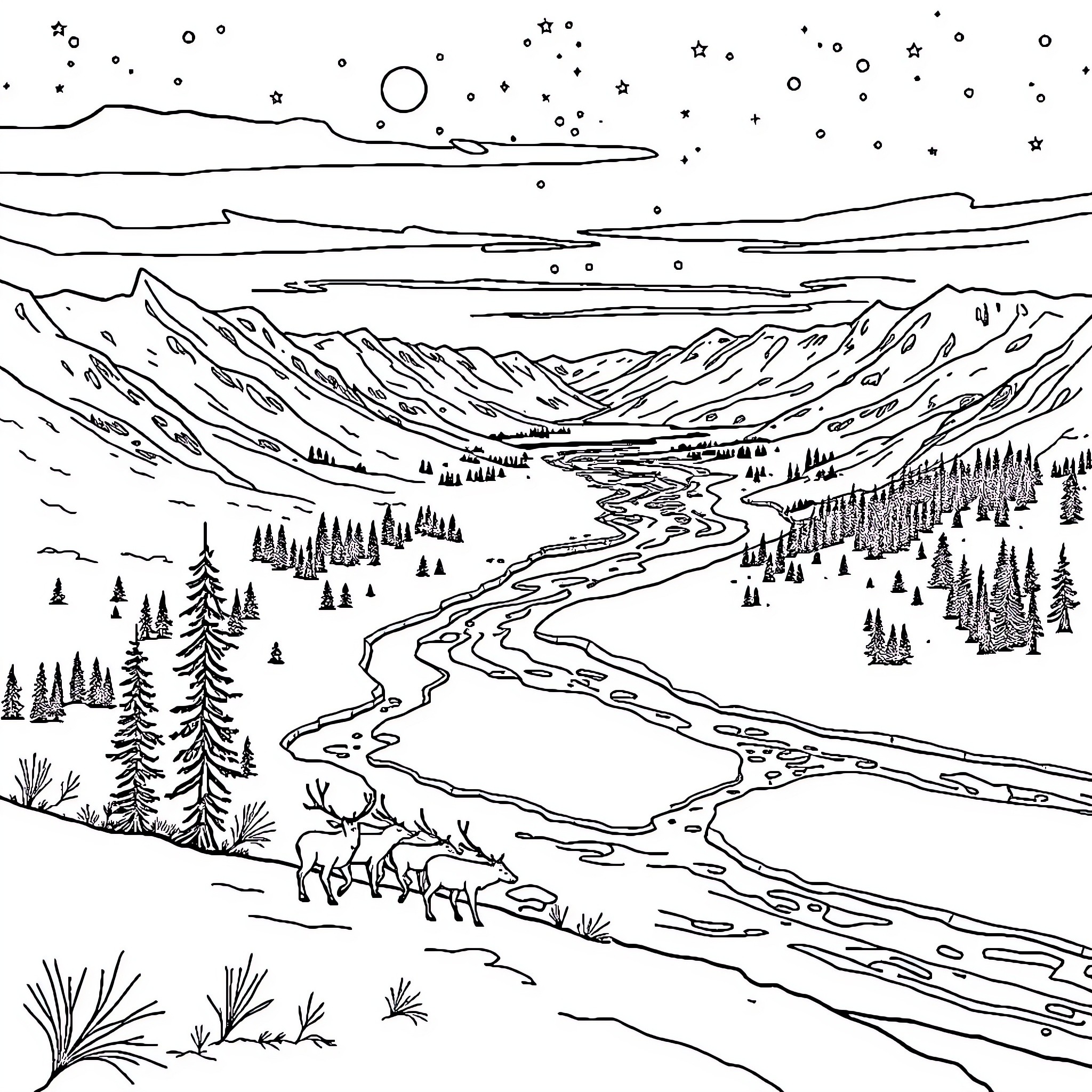 Yamal: Snowy Landscape with Winding River and Wildlife Coloring Page (free black-and-white line drawing printable PDF for all, from beginners to advanced learners, including children, teens, adults, and seniors)