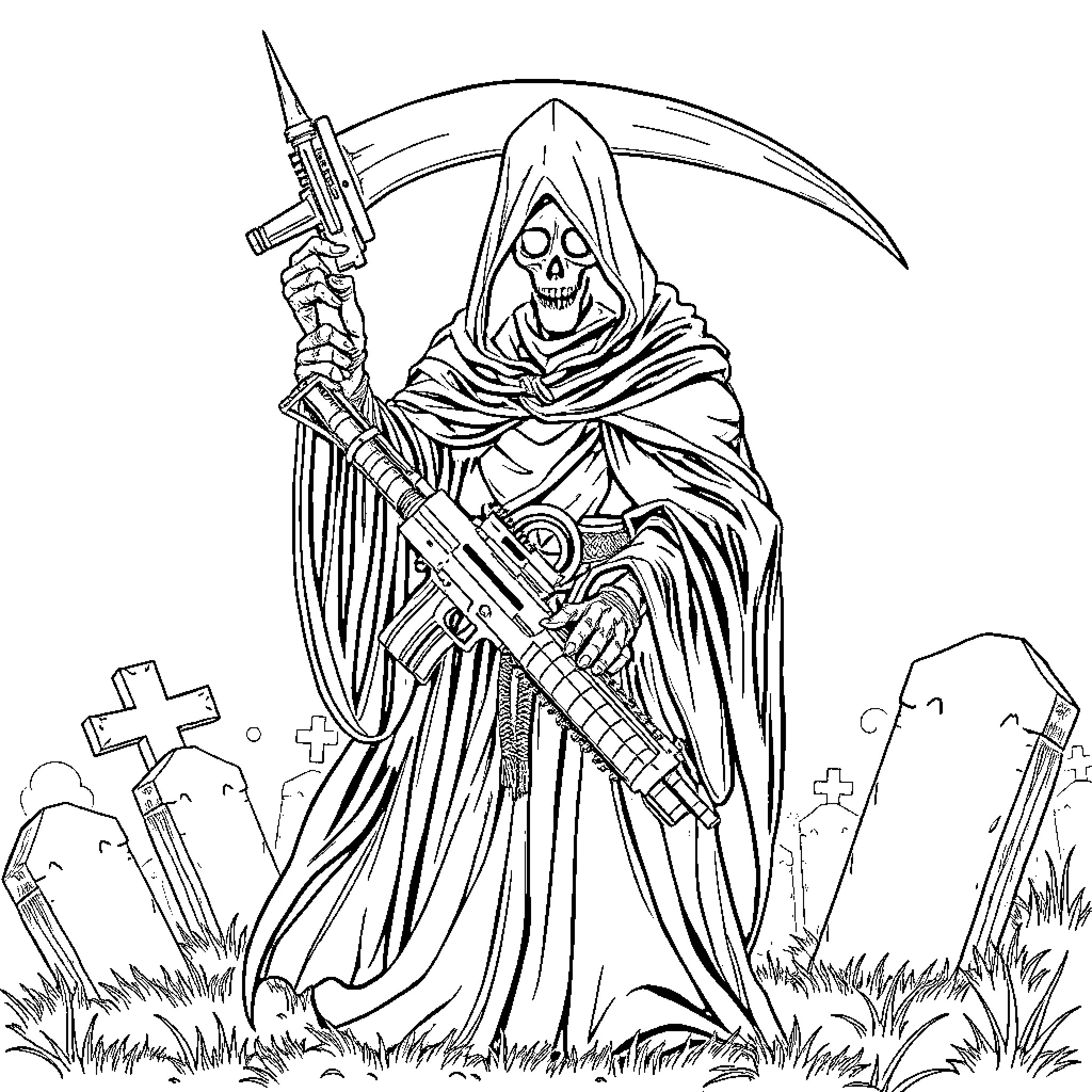 Grim Reaper amidst gravestones with scythe in hand Coloring Page (free black-and-white line drawing printable PDF for all, from beginners to advanced learners, including children, teens, adults, and seniors)