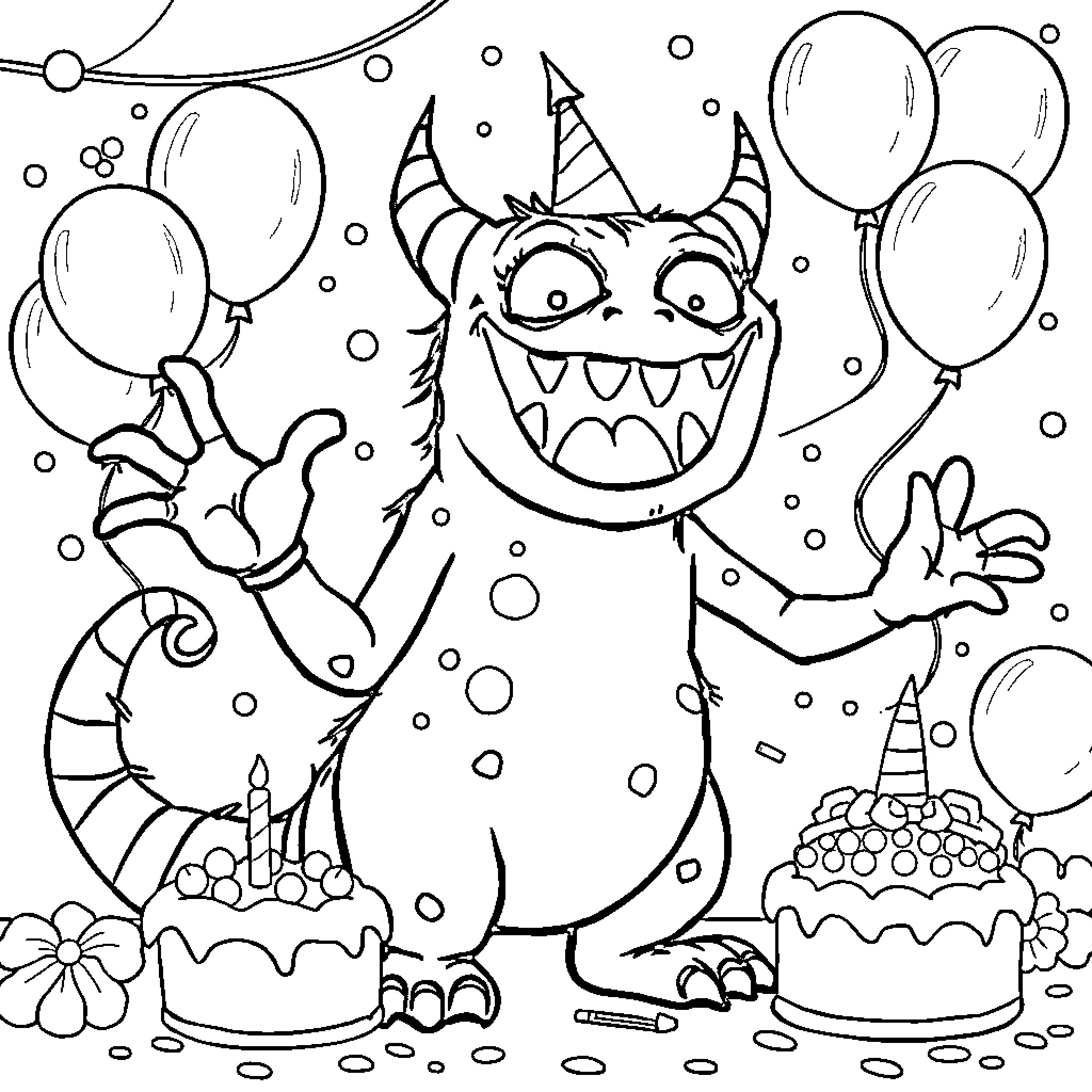 Monstruo celebrating with balloons and cake Coloring Page (free black-and-white line drawing printable PDF for all, from beginners to advanced learners, including children, teens, adults, and seniors)