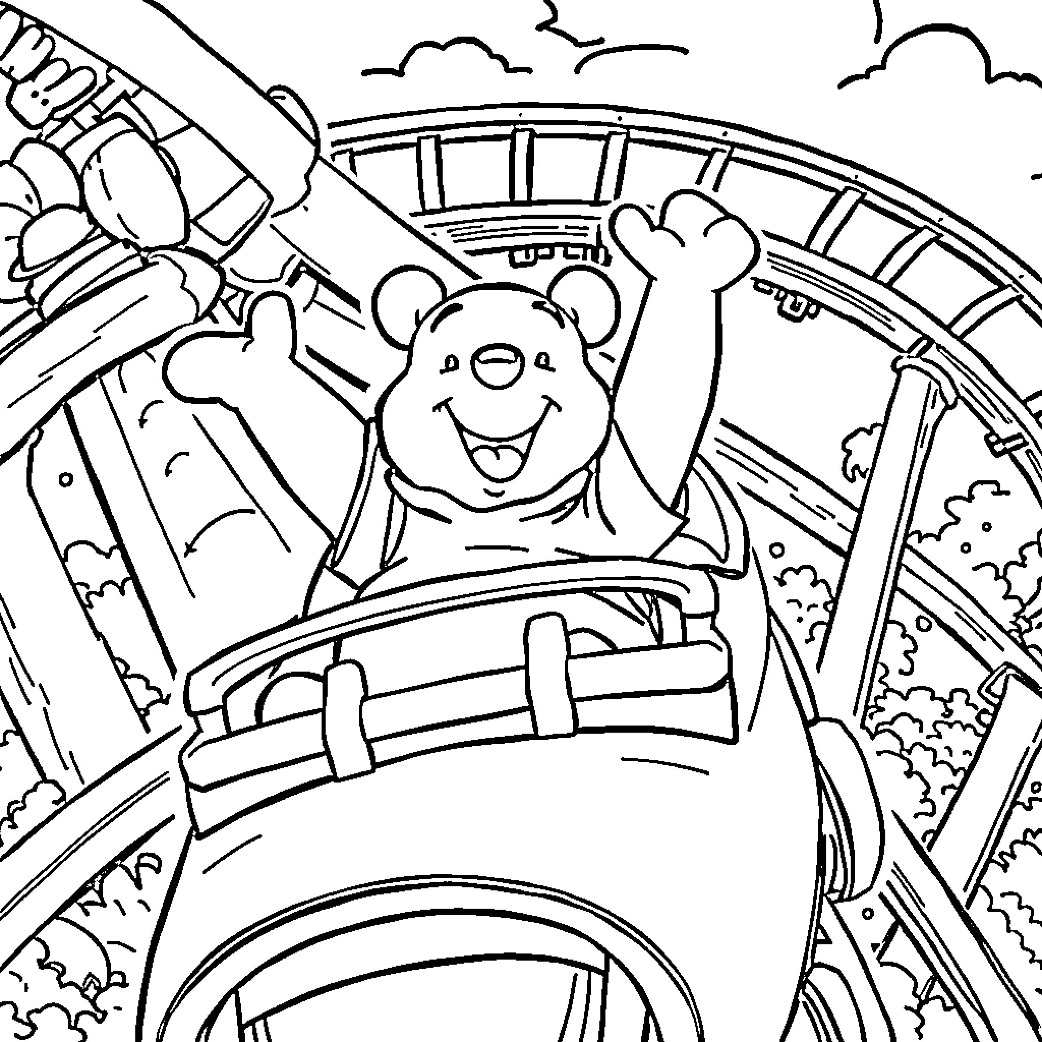 Winnie The Pooh enjoys a thrilling rollercoaster ride Coloring Page (free black-and-white line drawing printable PDF for all, from beginners to advanced learners, including children, teens, adults, and seniors)