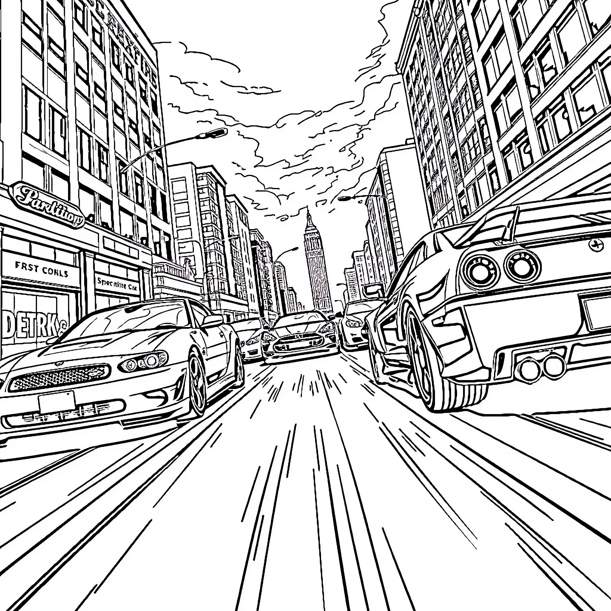 Car racing through city streets with skyscrapers Coloring Page (free black-and-white line drawing printable PDF for all, from beginners to advanced learners, including children, teens, adults, and seniors)