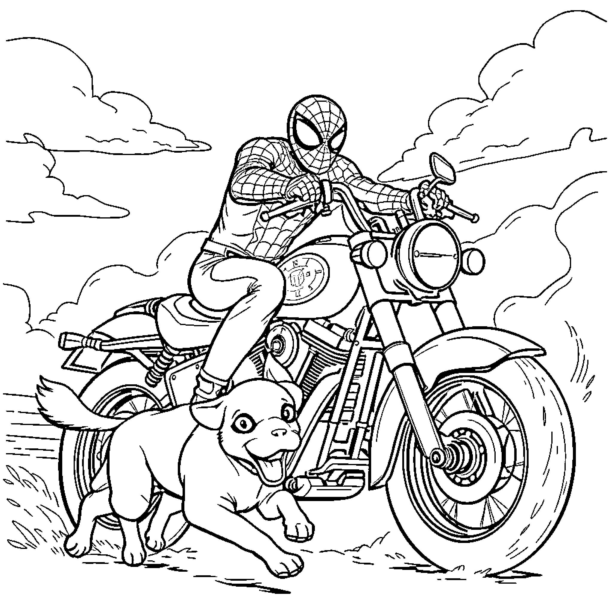 Spiderman riding motorcycle with pet dog Coloring Page (free black-and-white line drawing printable PDF for all, from beginners to advanced learners, including children, teens, adults, and seniors)