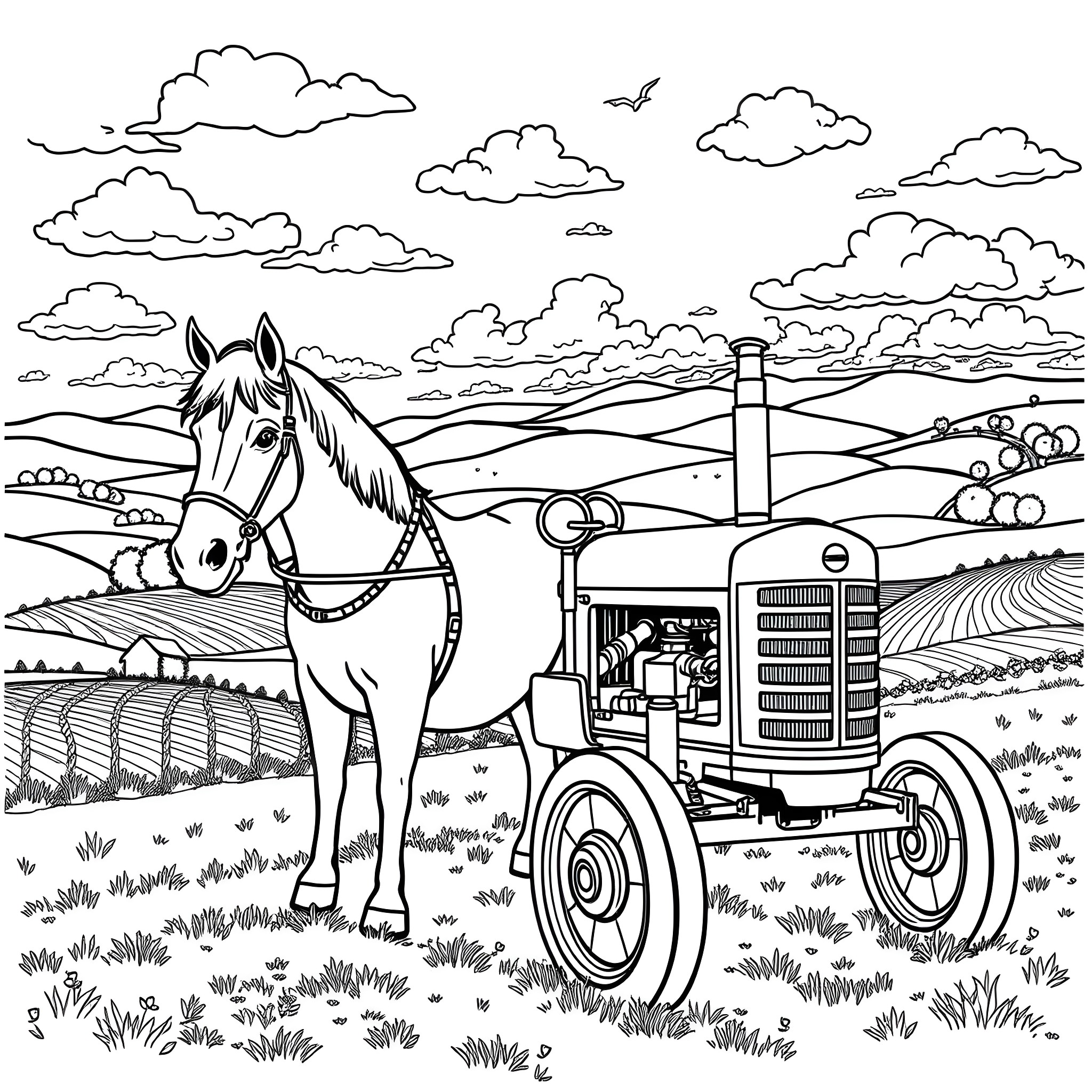 Horse pulling tractor in idyllic countryside scene Coloring Page (free black-and-white line drawing printable PDF for all, from beginners to advanced learners, including children, teens, adults, and seniors)