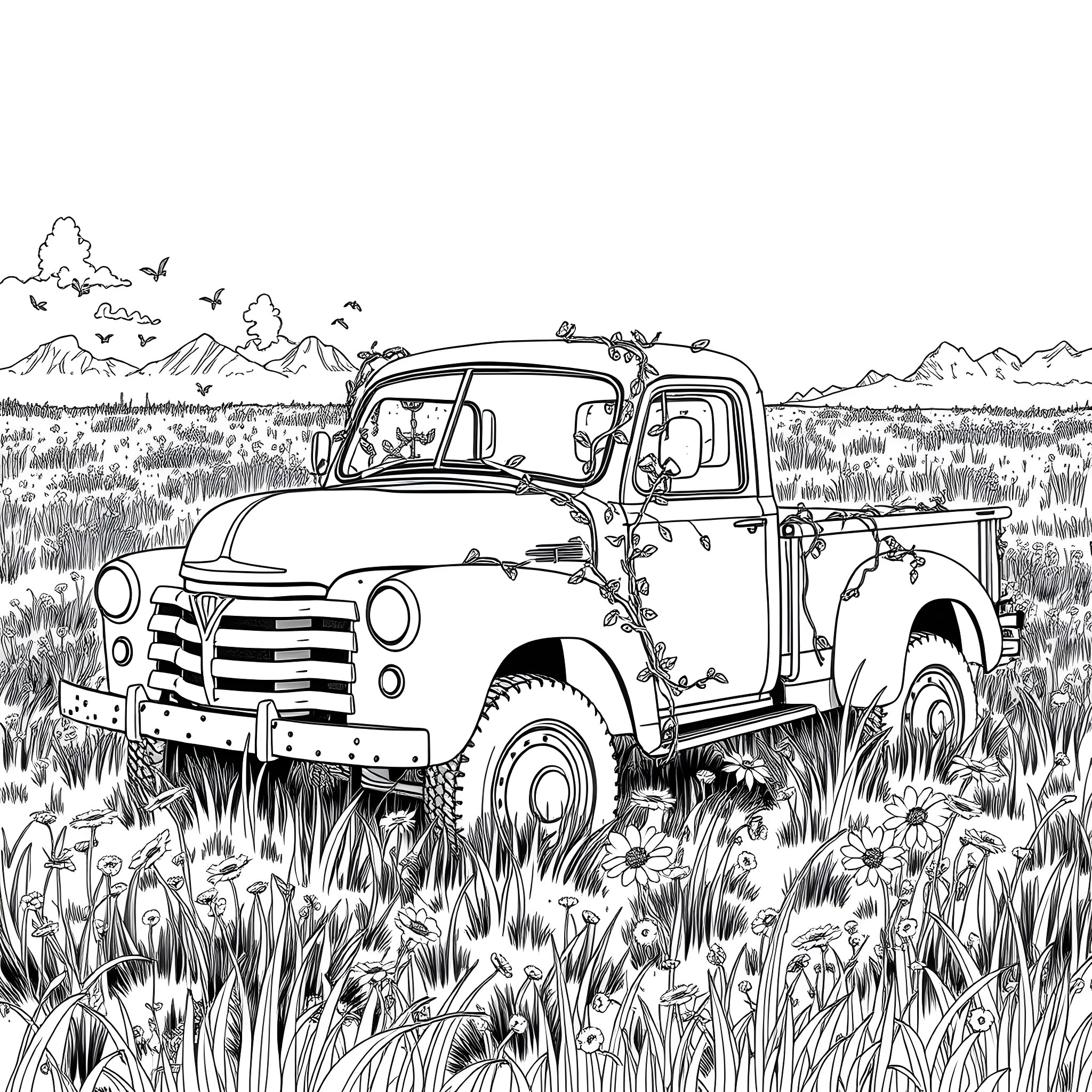 Truck parked in a scenic countryside meadow Coloring Page (free black-and-white line drawing printable PDF for all, from beginners to advanced learners, including children, teens, adults, and seniors)