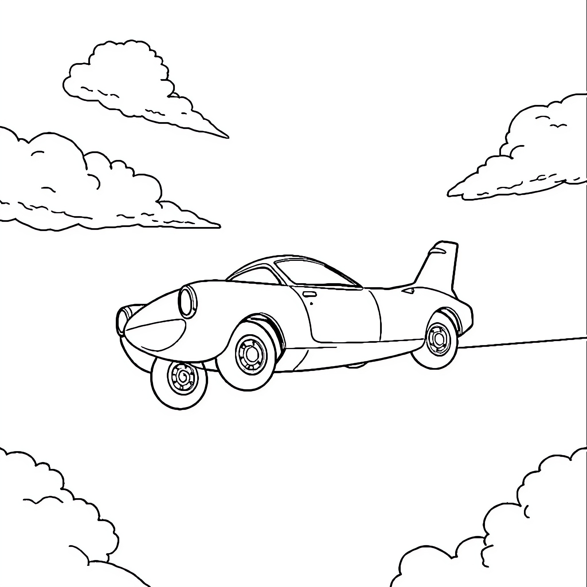 Flying Car soaring through the clouds Coloring Page (free black-and-white line drawing printable PDF for all, from beginners to advanced learners, including children, teens, adults, and seniors)