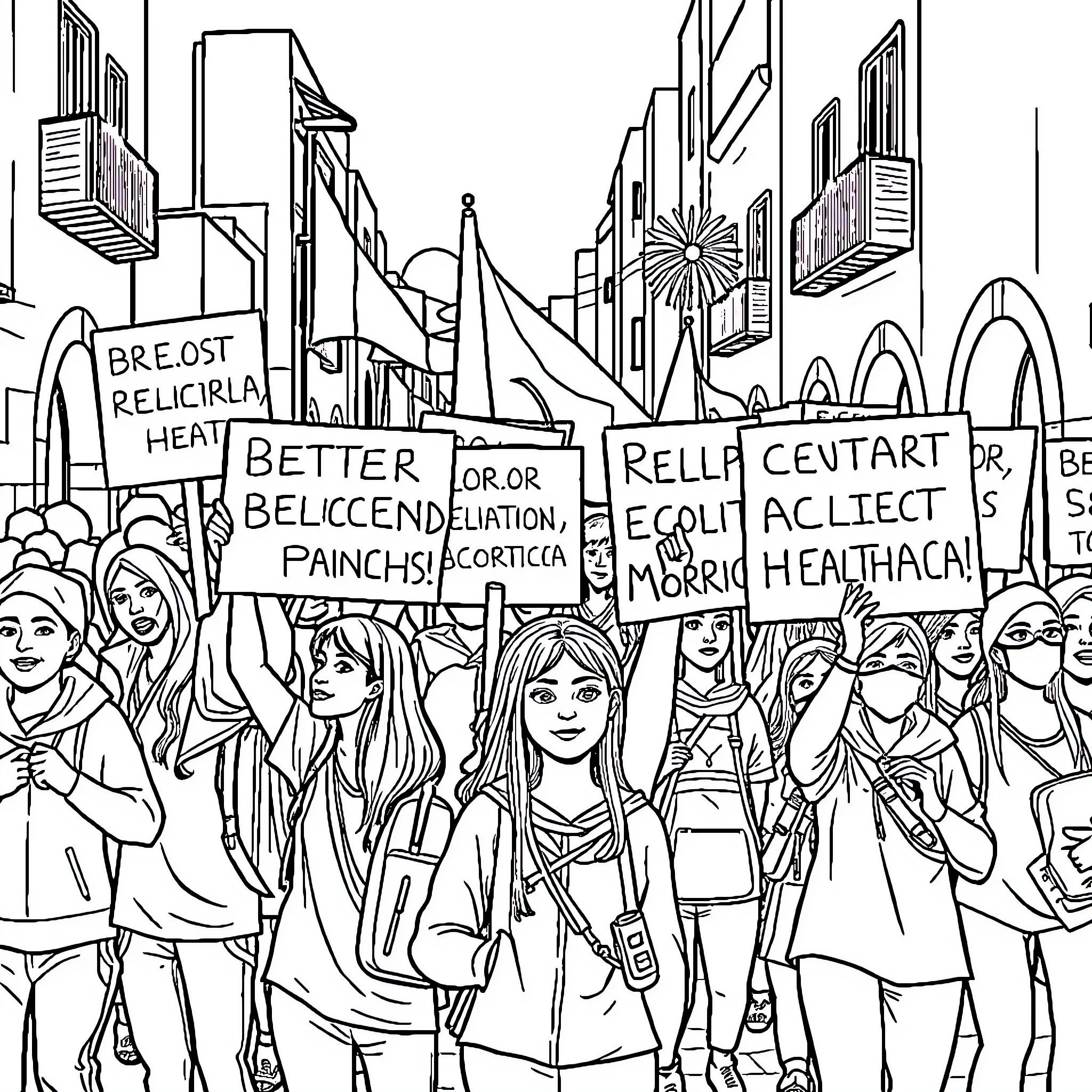 Youth advocating for social causes on the streets Coloring Page (free black-and-white line drawing printable PDF for all, from beginners to advanced learners, including children, teens, adults, and seniors)