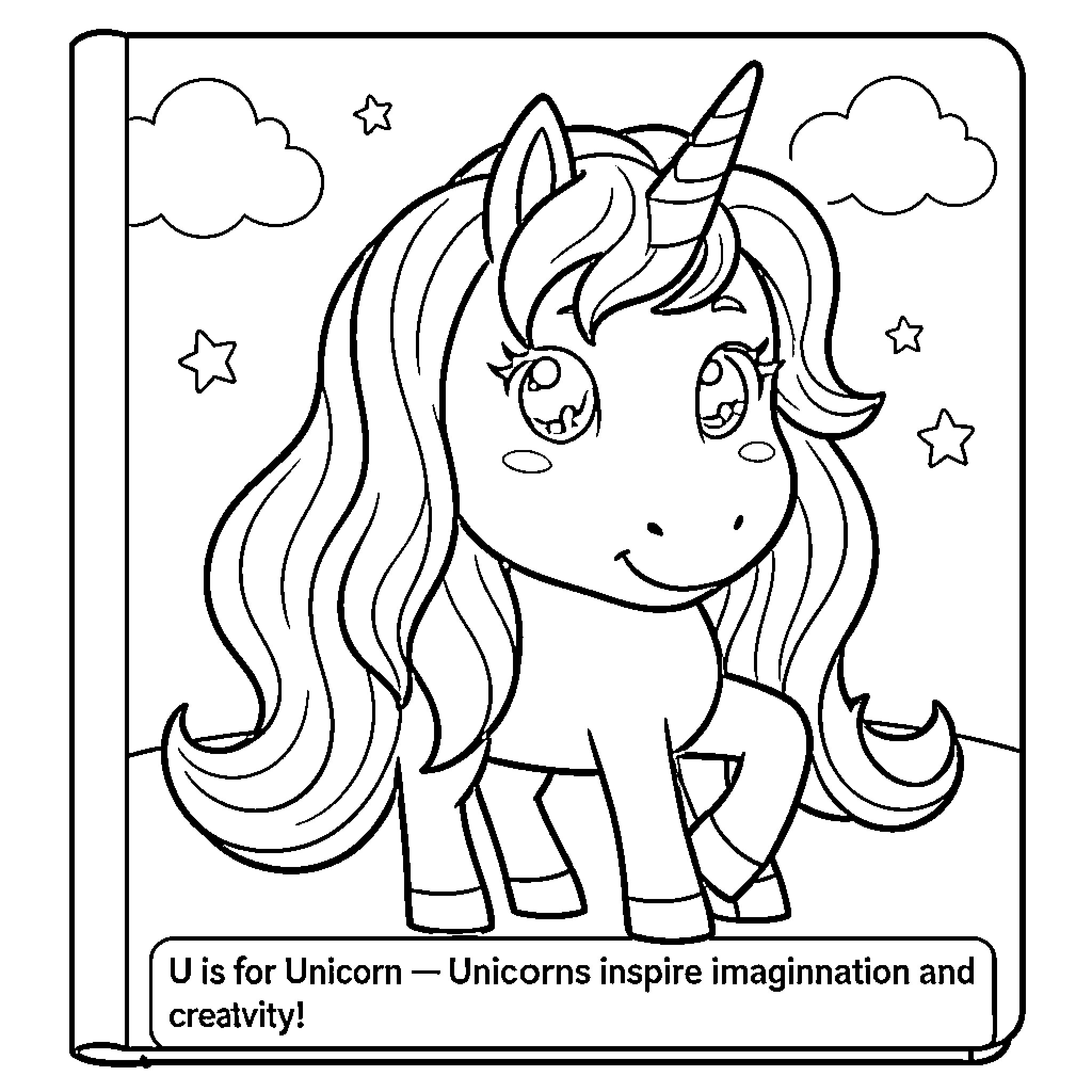 Unicorn smiling happily under a starry sky Coloring Page (free black-and-white line drawing printable PDF for all, from beginners to advanced learners, including children, teens, adults, and seniors)
